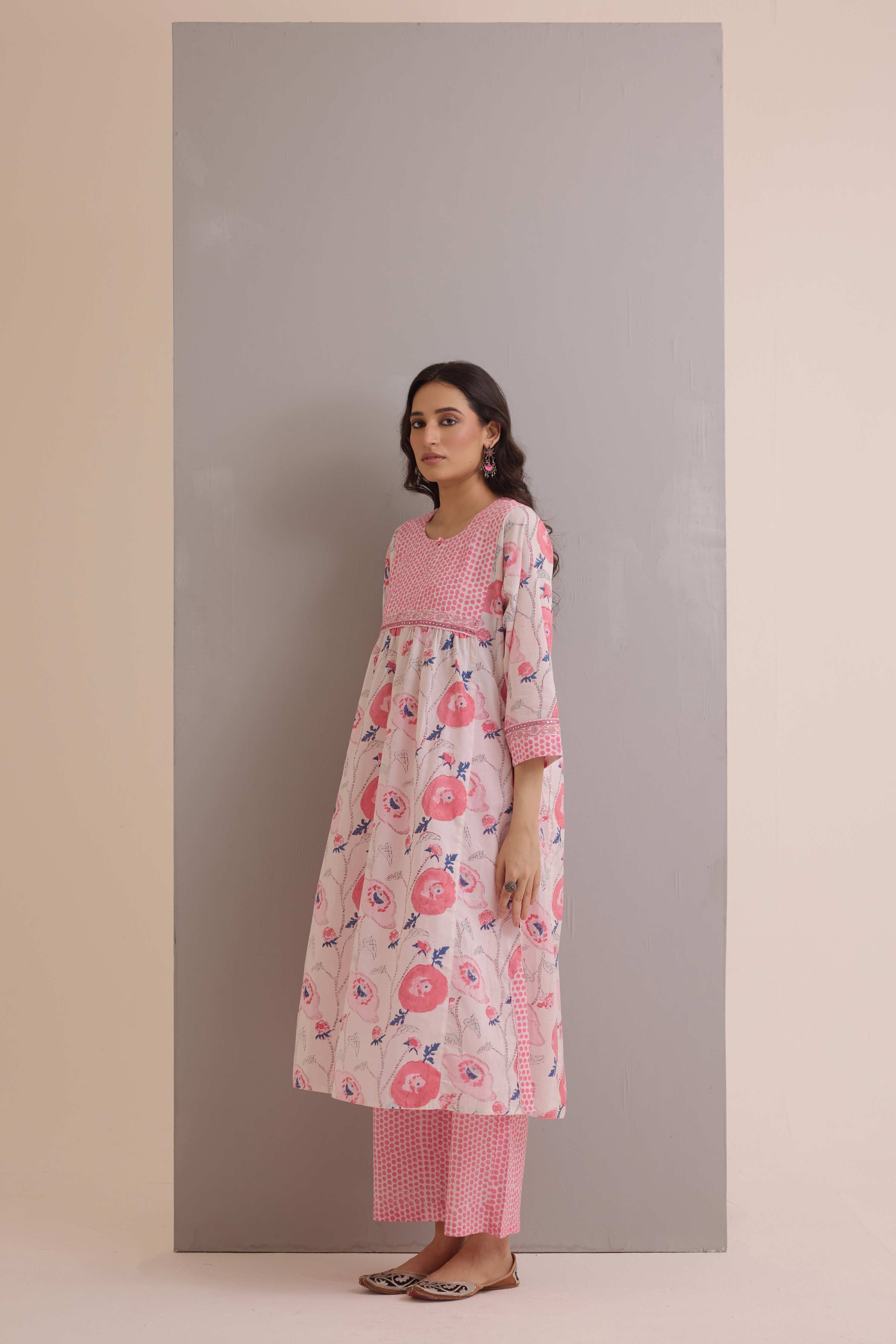 Banjara Cotton Hand Block Printed Kurta Cream Pink