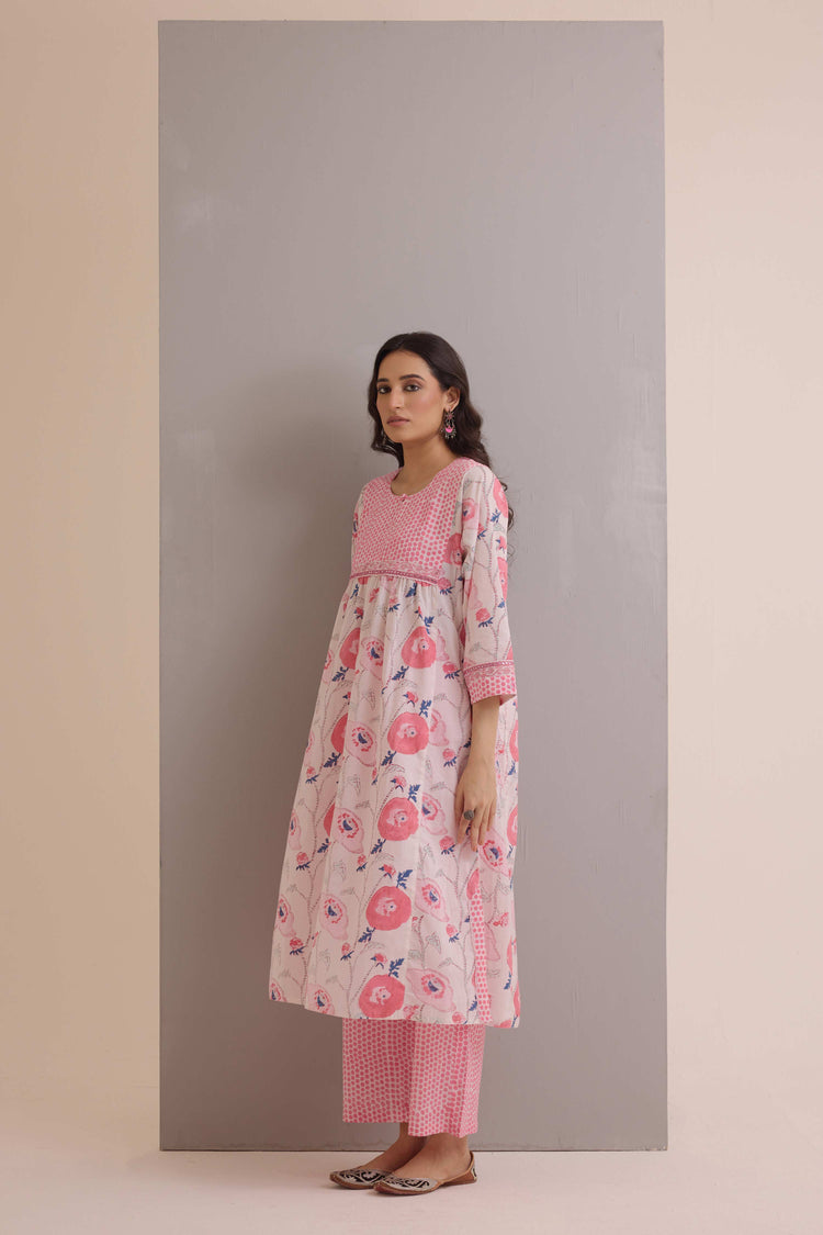 Banjara Cotton Hand Block Printed Kurta Cream Pink