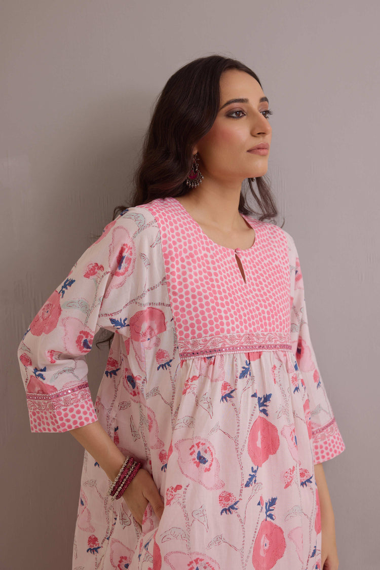 Banjara Cotton Hand Block Printed Kurta Cream Pink