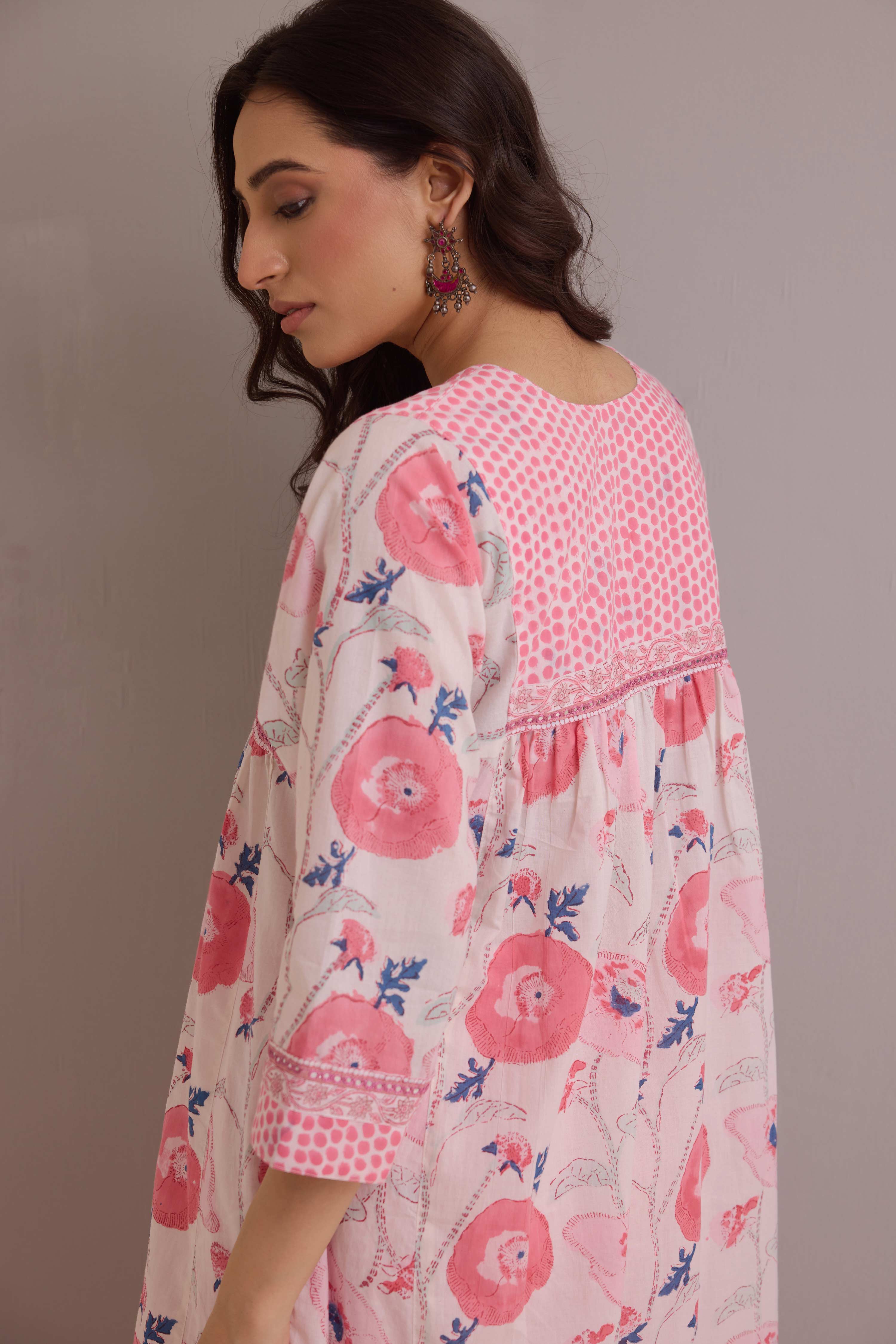 Banjara Cotton Hand Block Printed Kurta Cream Pink