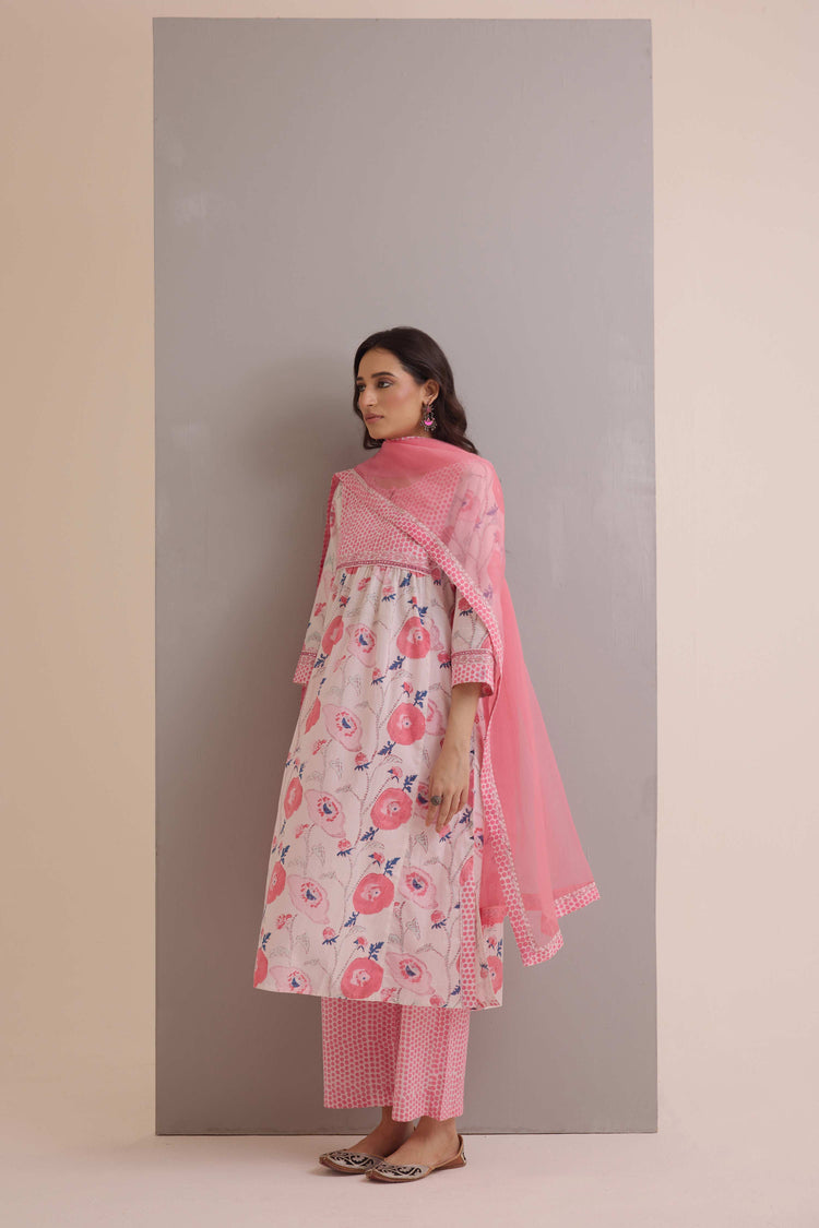 Banjara Cotton Hand Block Printed Kurta Cream Pink