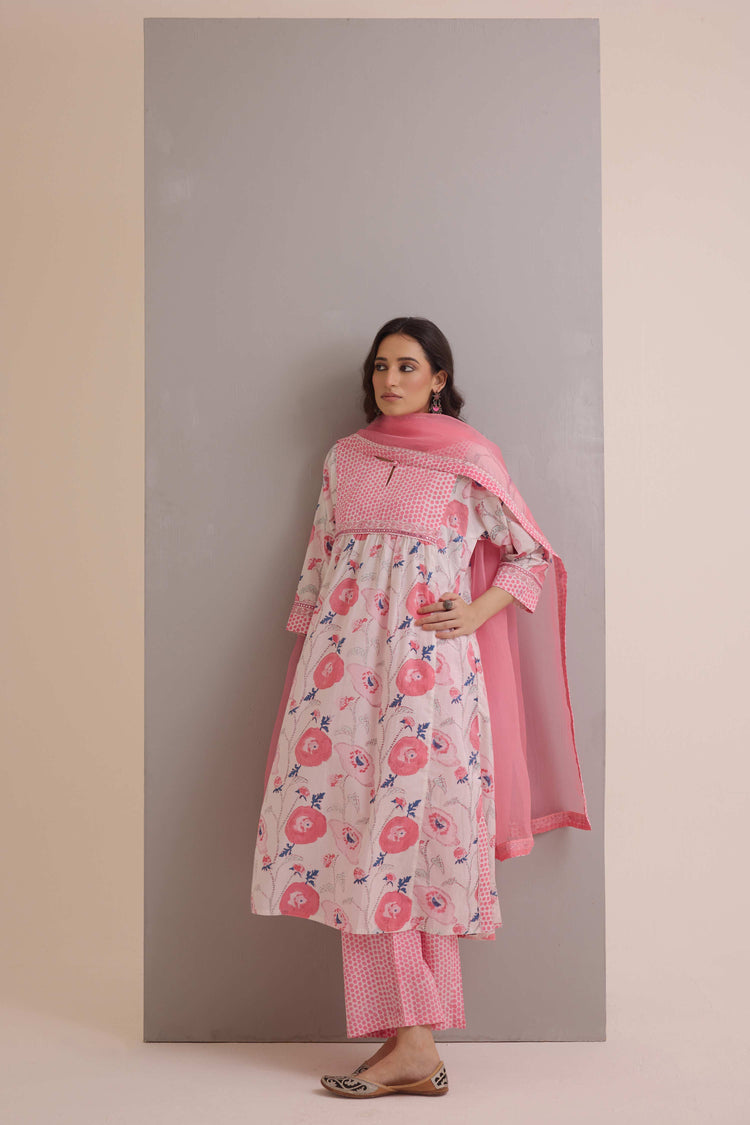 Straight Cotton Hand Block Printed Pant Cream Pink