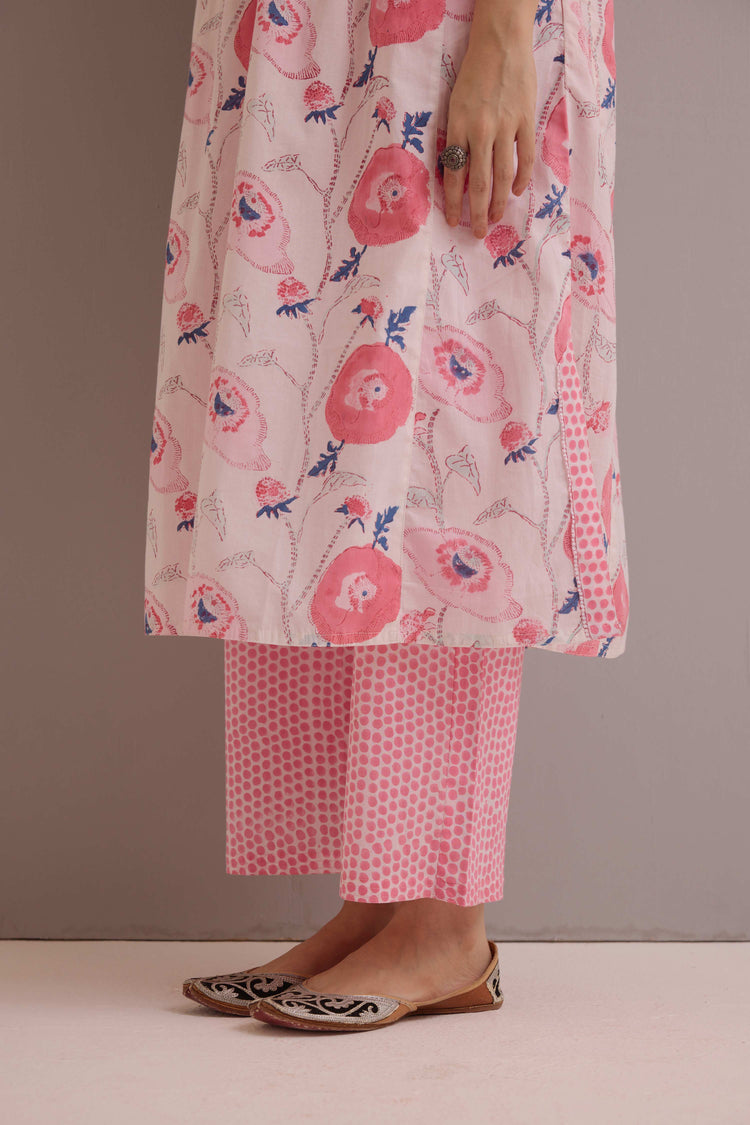 Straight Cotton Hand Block Printed Pant Cream Pink