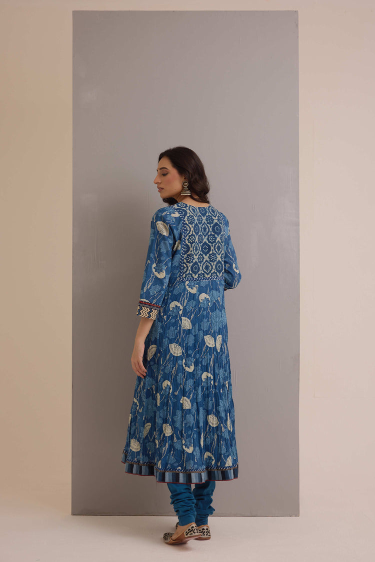 Crinkled Cotton Printed Anarkali Kurta Indigo