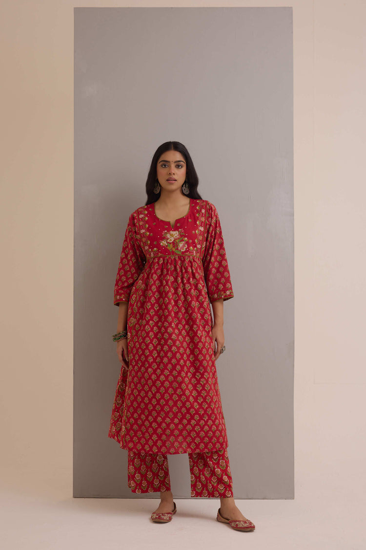 Straight Cotton Hand Block Printed Pant Red Green
