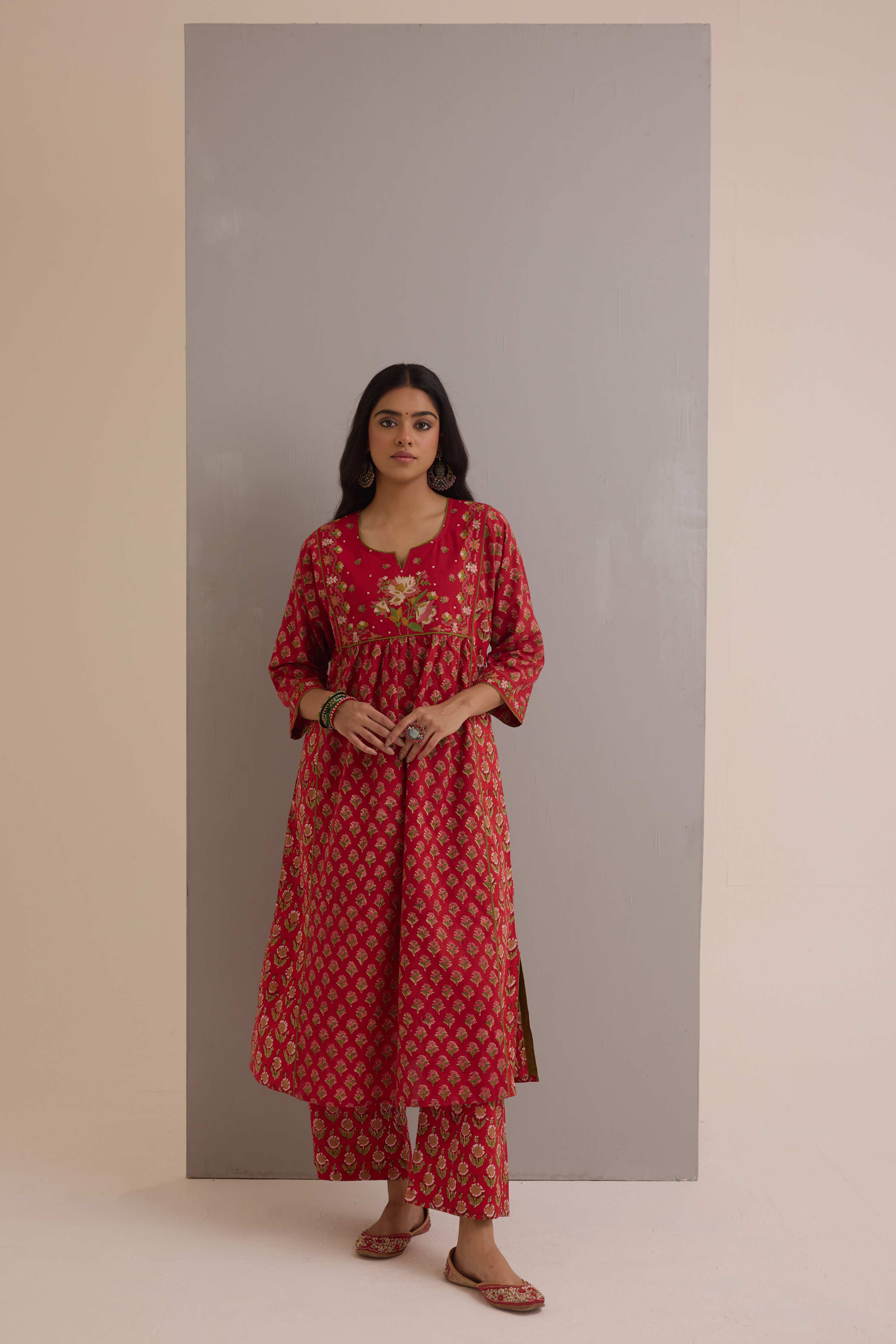 Straight Cotton Hand Block Printed Pant Red Green