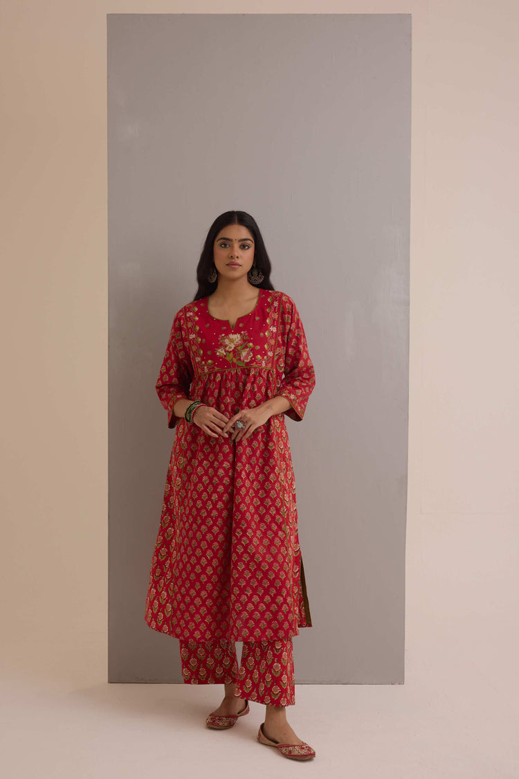 Straight Cotton Hand Block Printed Pant Red Green