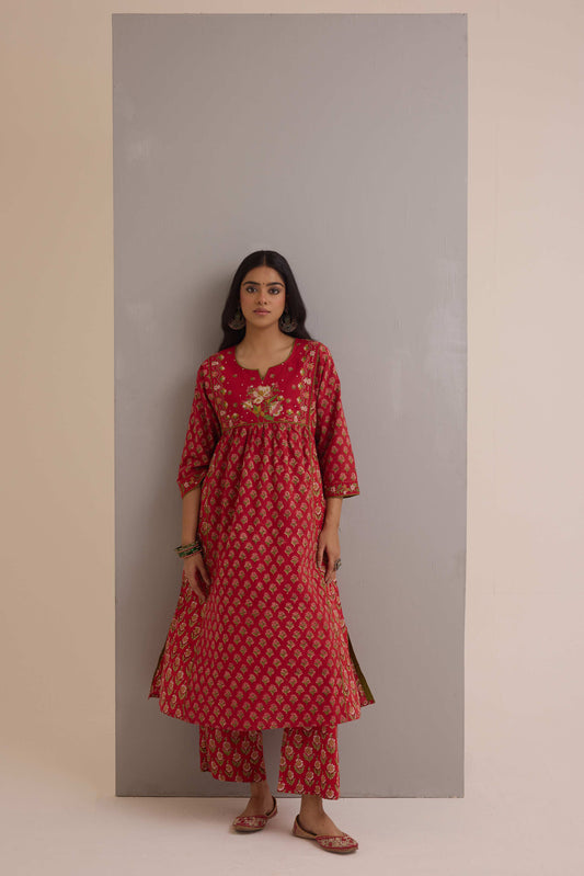 Meera Embroidered Cotton Hand Block Printed Kurta Red