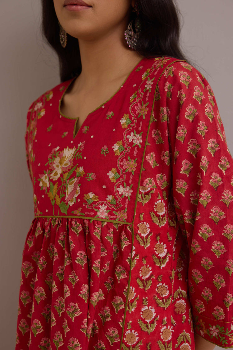 Meera Embroidered Cotton Hand Block Printed Kurta Red