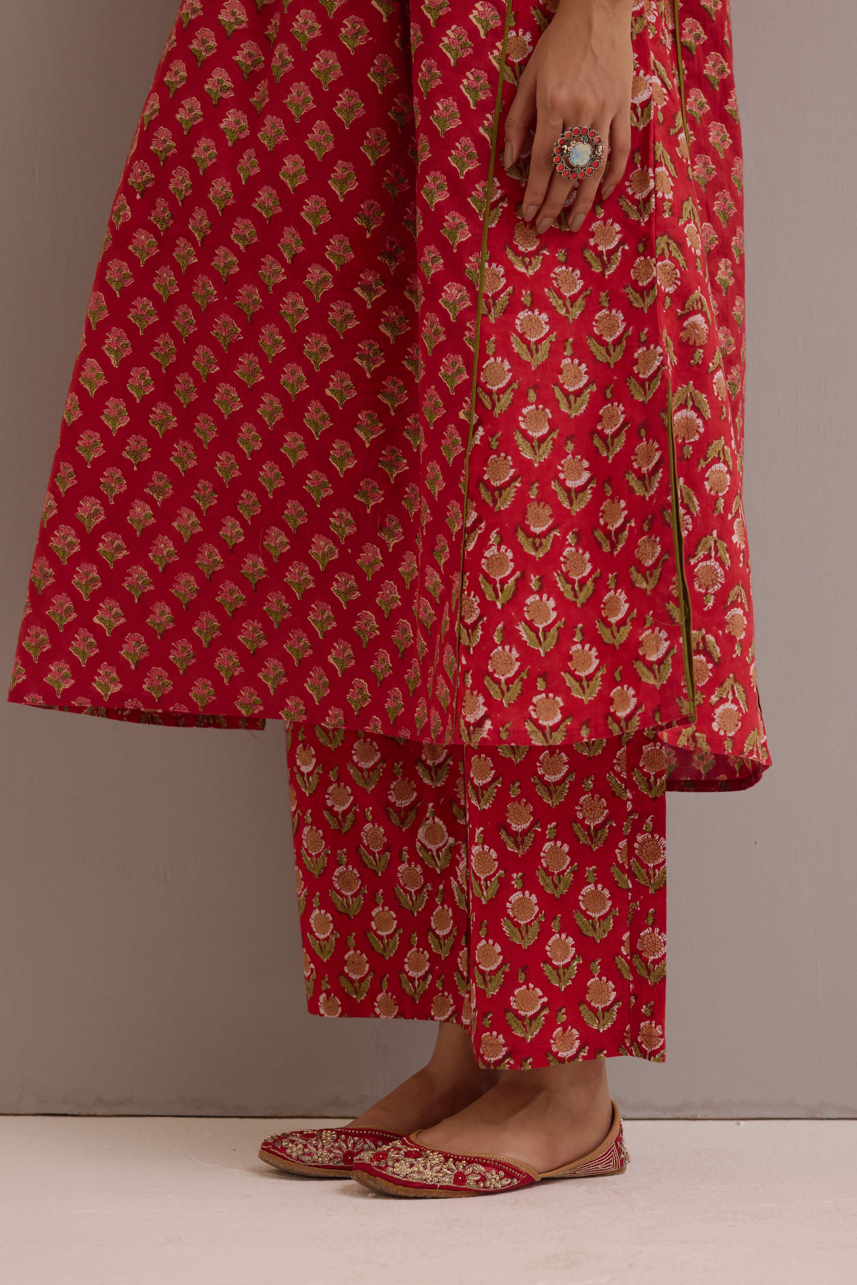 Straight Cotton Hand Block Printed Pant Red Green