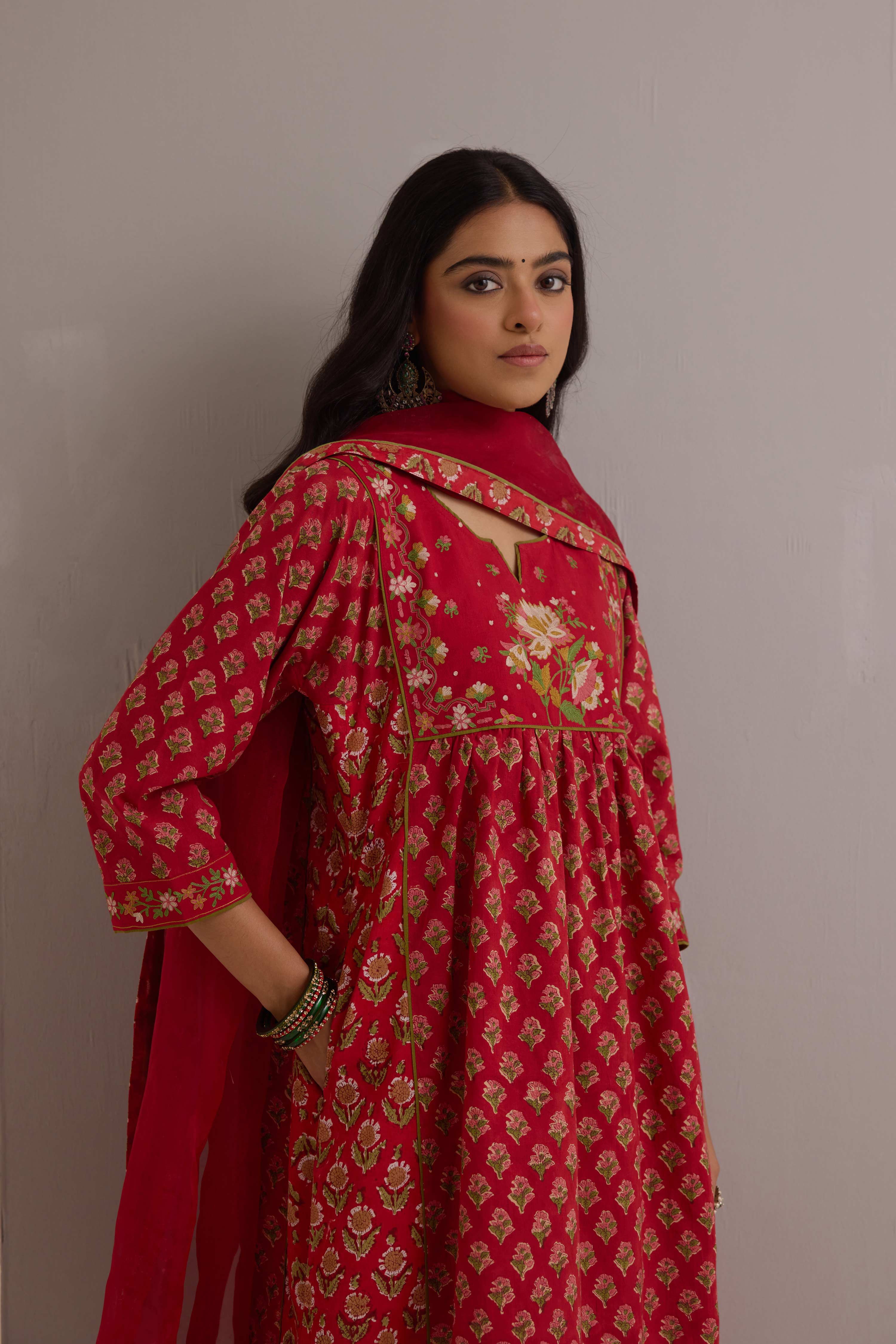 Meera Embroidered Cotton Hand Block Printed Kurta Red
