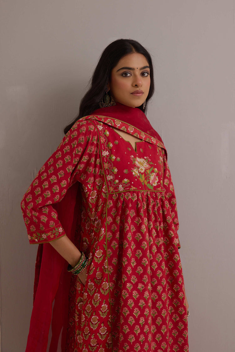 Meera Embroidered Cotton Hand Block Printed Kurta Red