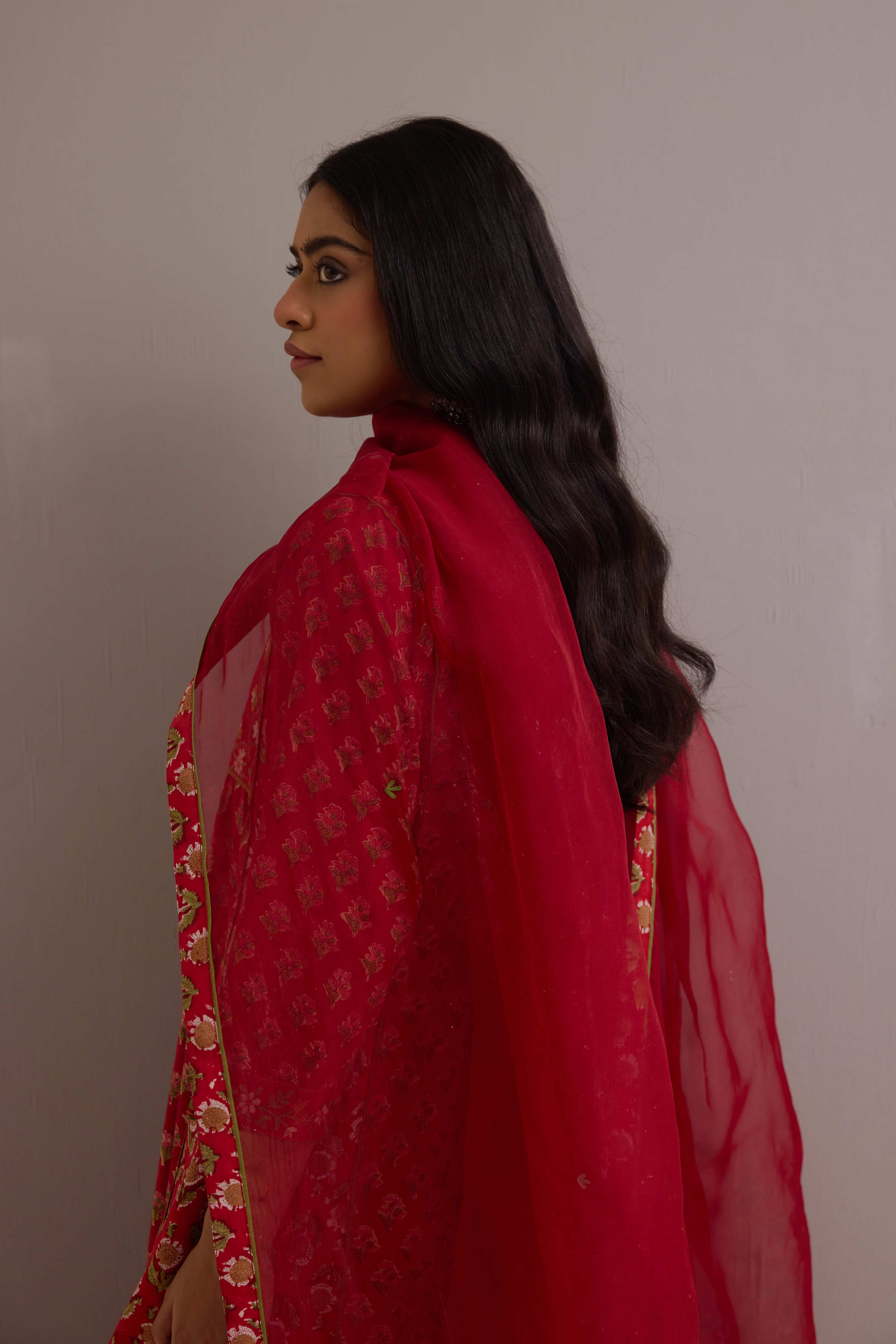 Meera Embroidered Cotton Hand Block Printed Kurta Red