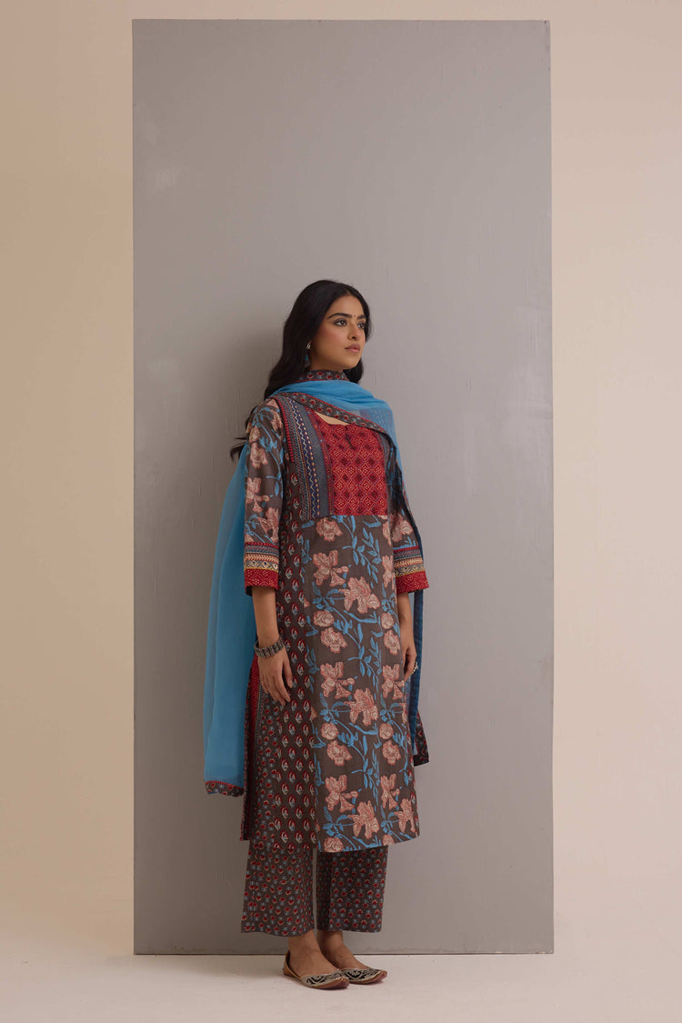 Aadya Cotton Printed Ensemble Grey Maroon (Set of 3)