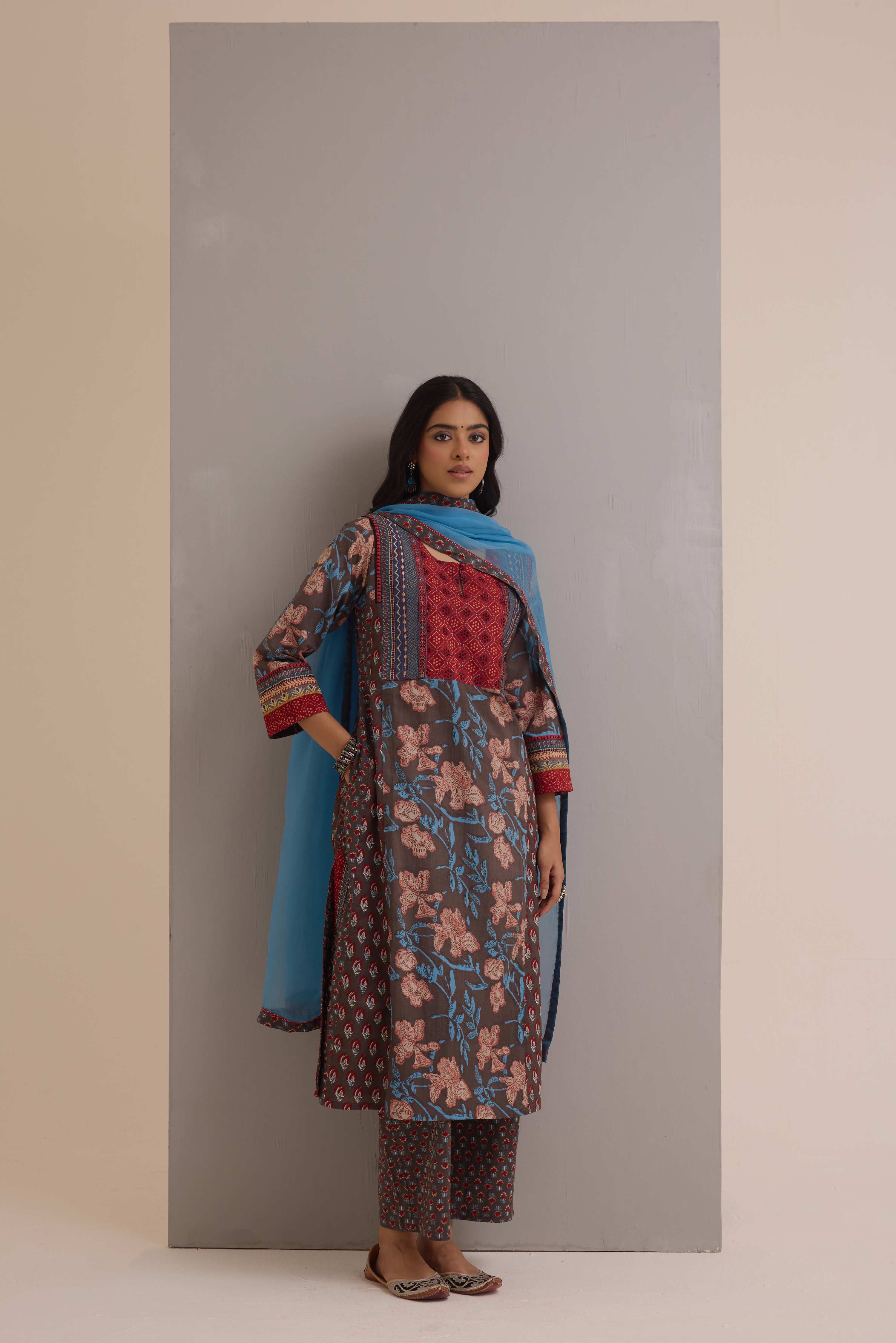 Aadya Cotton Printed Ensemble Grey Maroon (Set of 3)