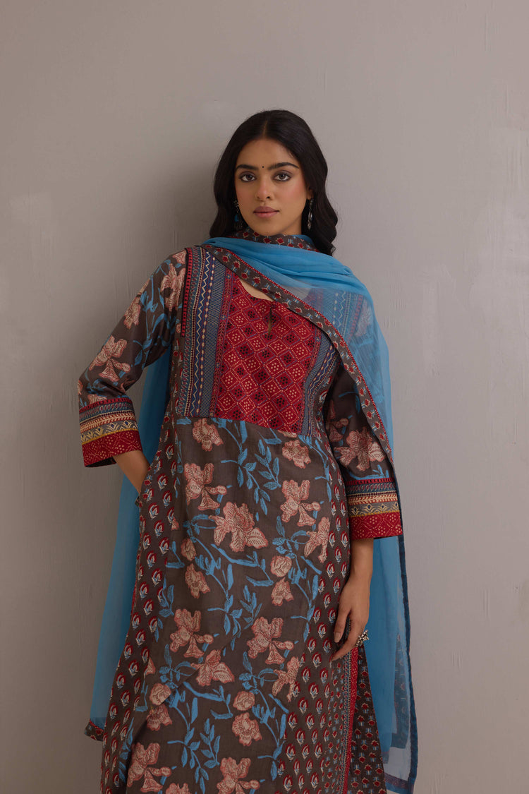 Aadya Cotton Printed Ensemble Grey Maroon (Set of 3)