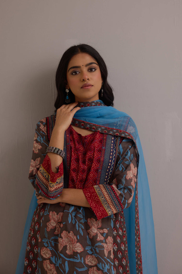 Aadya Cotton Printed Ensemble Grey Maroon (Set of 3)