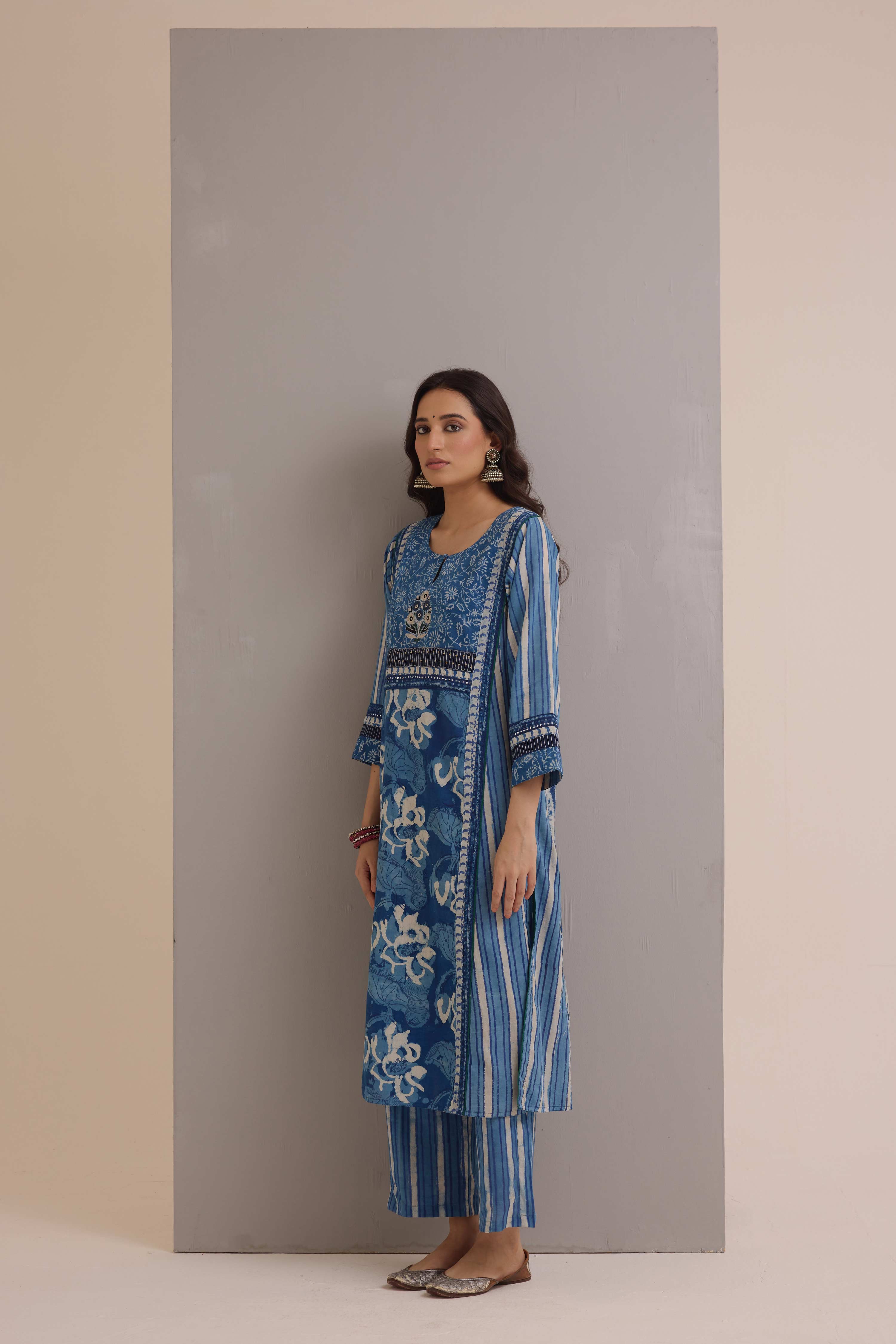 Rozana Cotton Hand Block Printed Kurta Blue