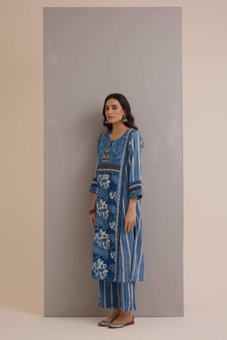 Rozana Cotton Hand Block Printed Kurta Blue