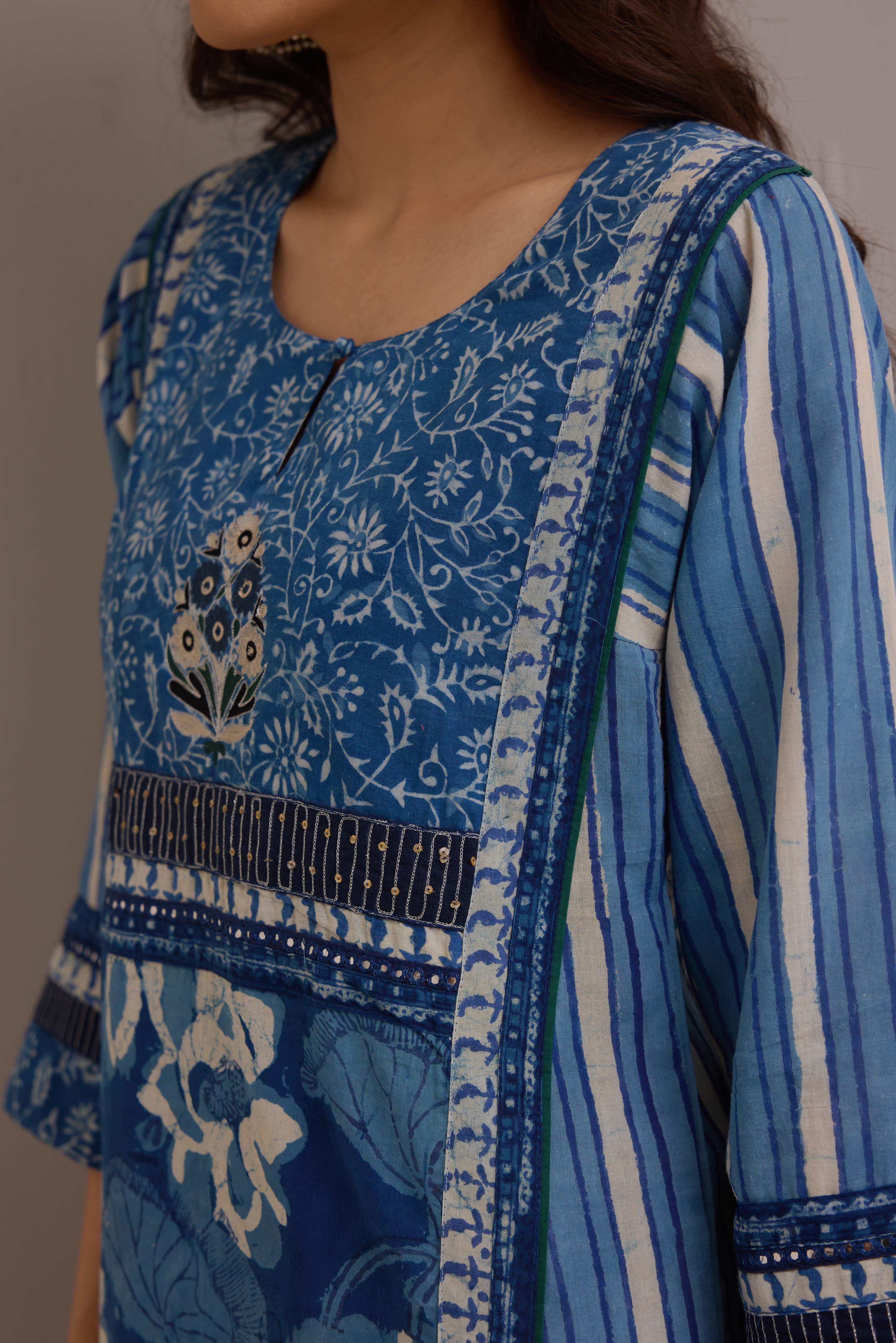 Rozana Cotton Hand Block Printed Kurta Blue