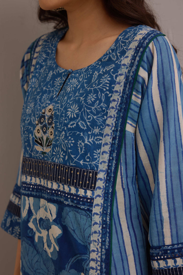 Rozana Cotton Hand Block Printed Kurta Blue