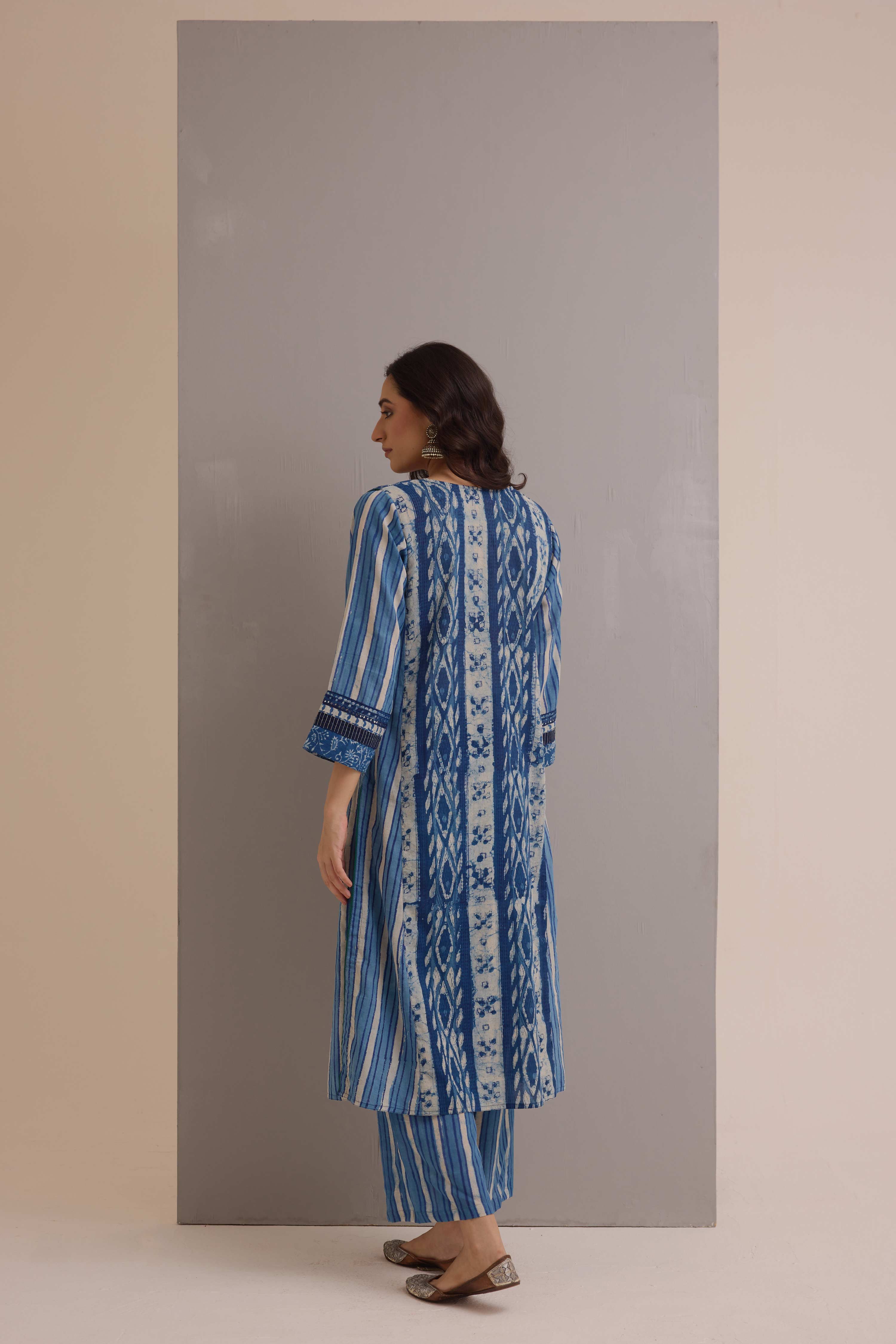 Rozana Cotton Hand Block Printed Kurta Blue