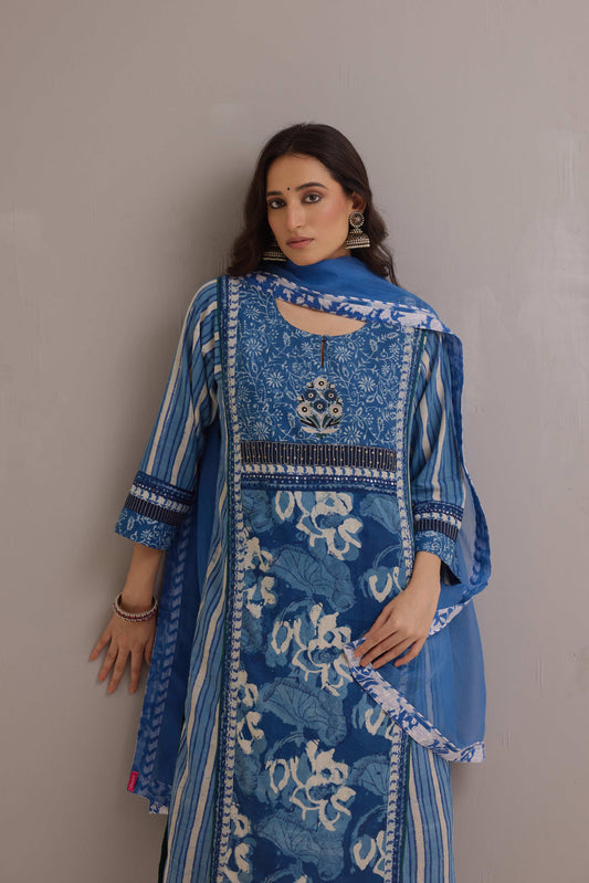 Rozana Cotton Hand Block Printed Kurta Blue