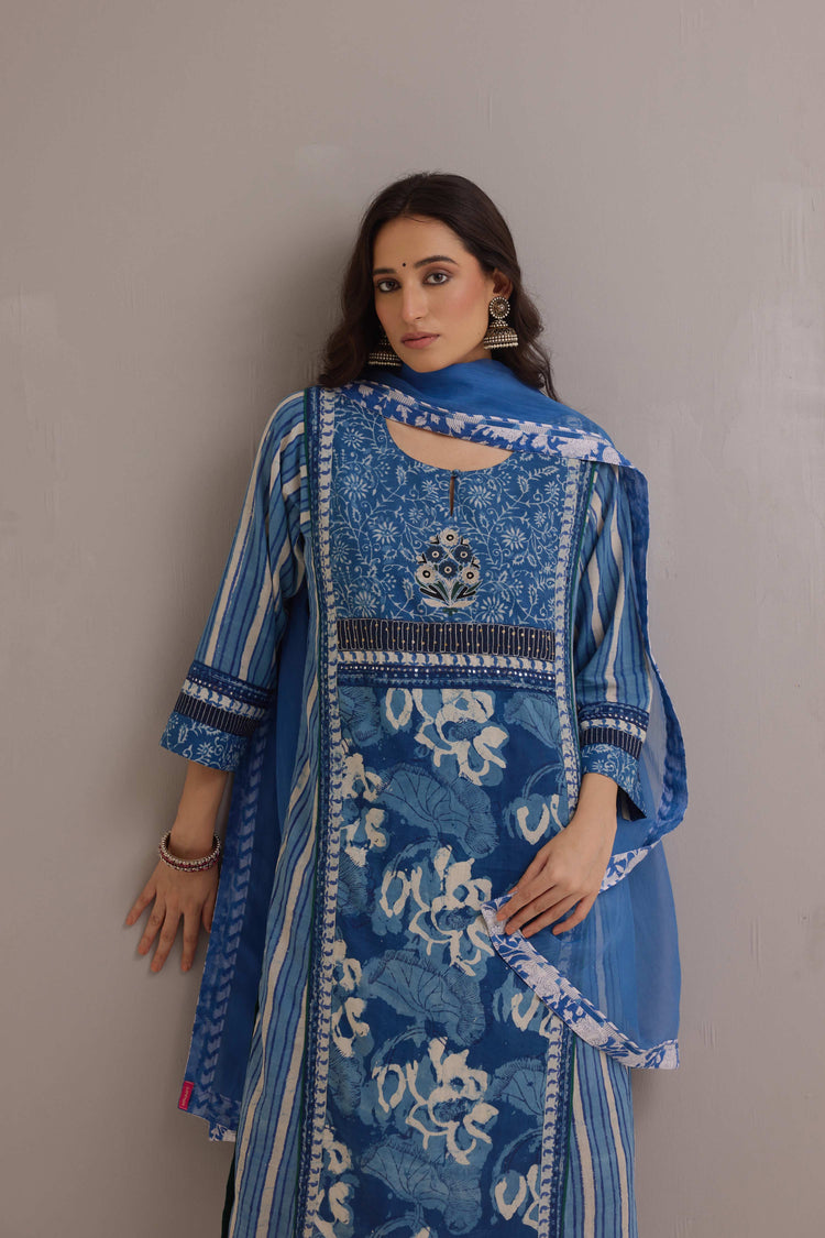 Rozana Cotton Hand Block Printed Kurta Blue