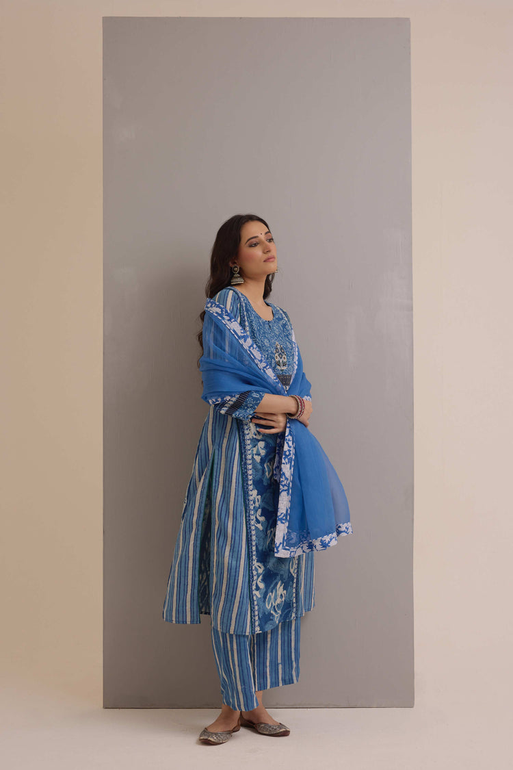 Rozana Cotton Hand Block Printed Kurta Blue