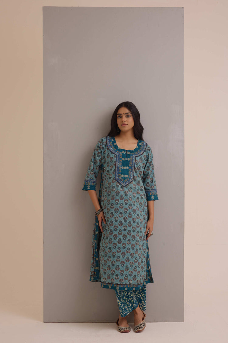 Anu  Cotton Kurta Printed Ensemble Teal Blue (Set of 3)