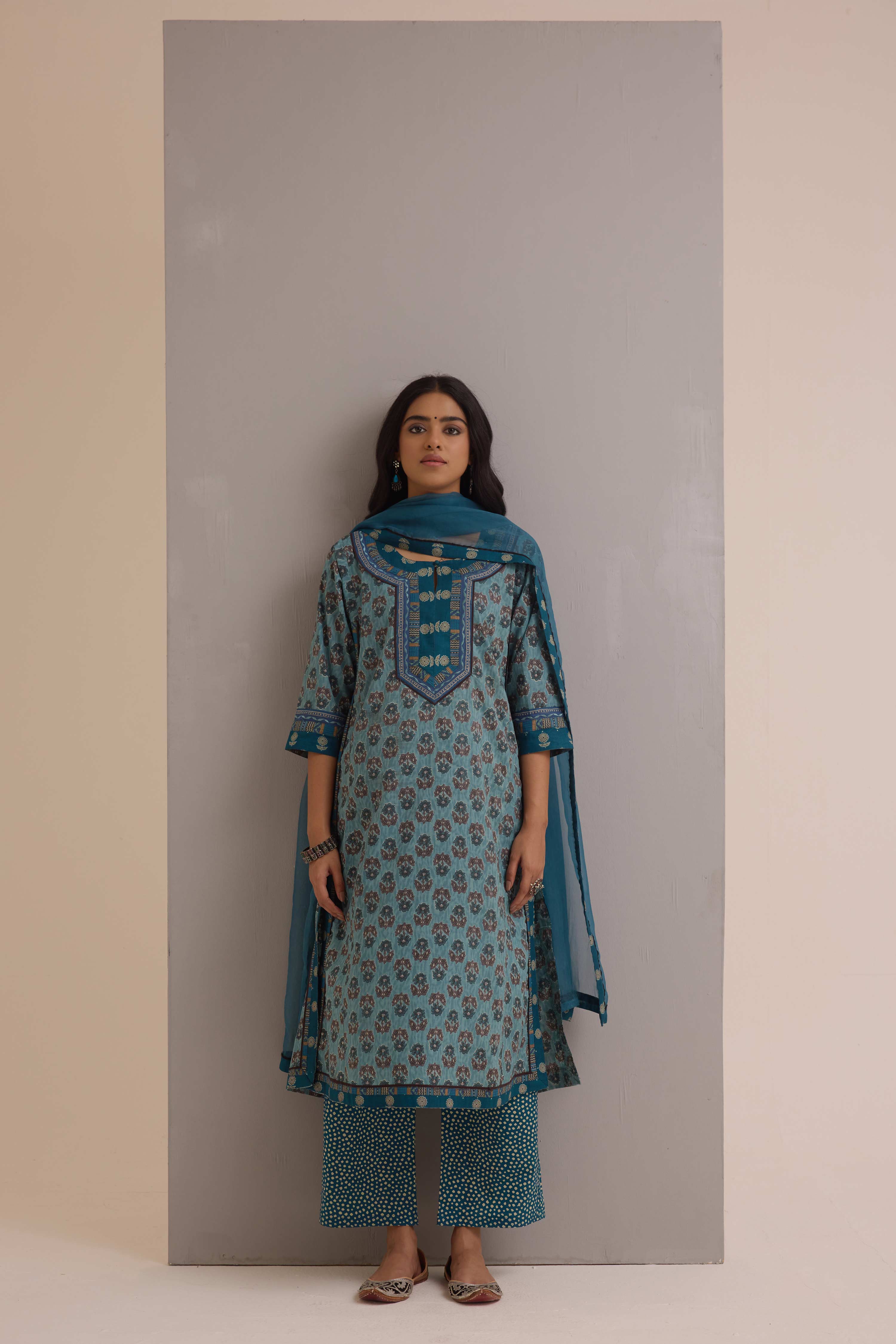 Anu  Cotton Kurta Printed Ensemble Teal Blue (Set of 3)