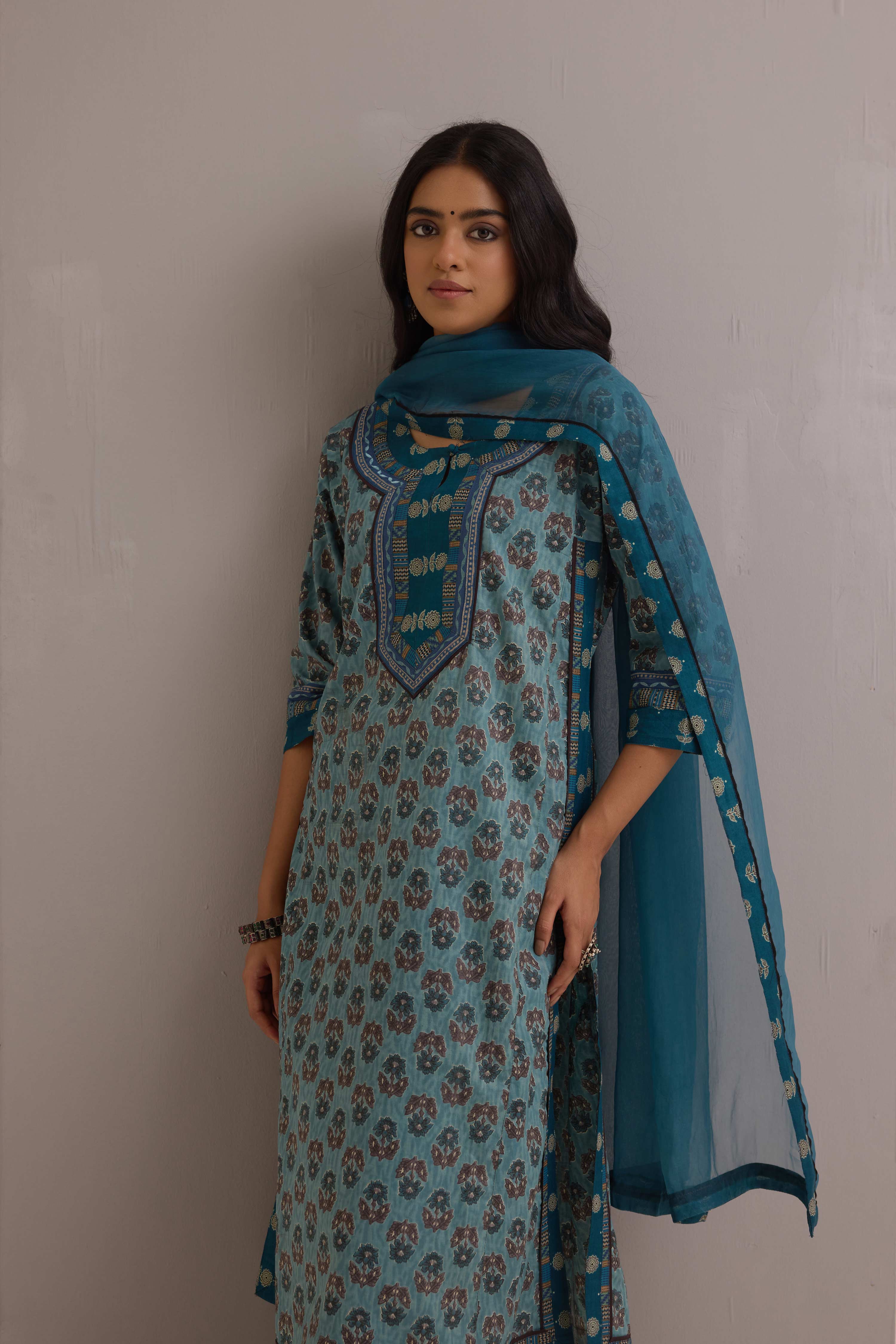 Anu  Cotton Kurta Printed Ensemble Teal Blue (Set of 3)