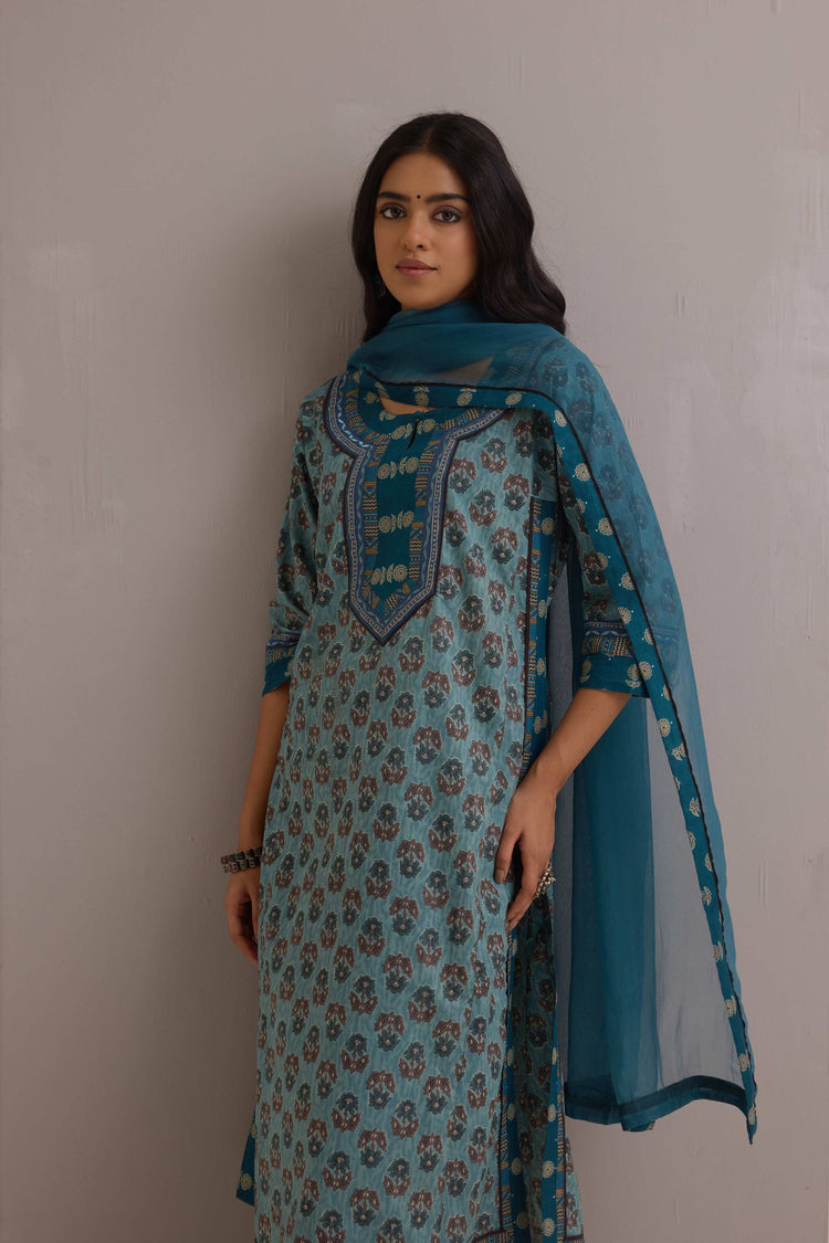 Anu  Cotton Kurta Printed Ensemble Teal Blue (Set of 3)
