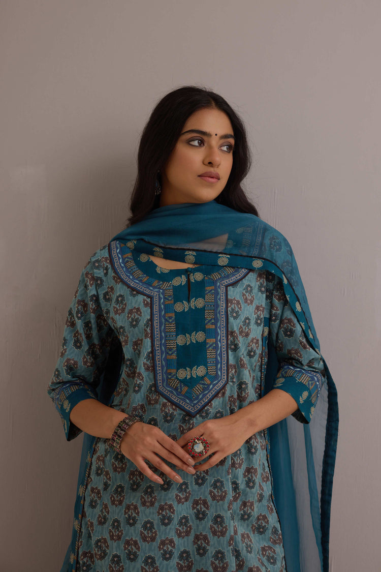 Anu  Cotton Kurta Printed Ensemble Teal Blue (Set of 3)