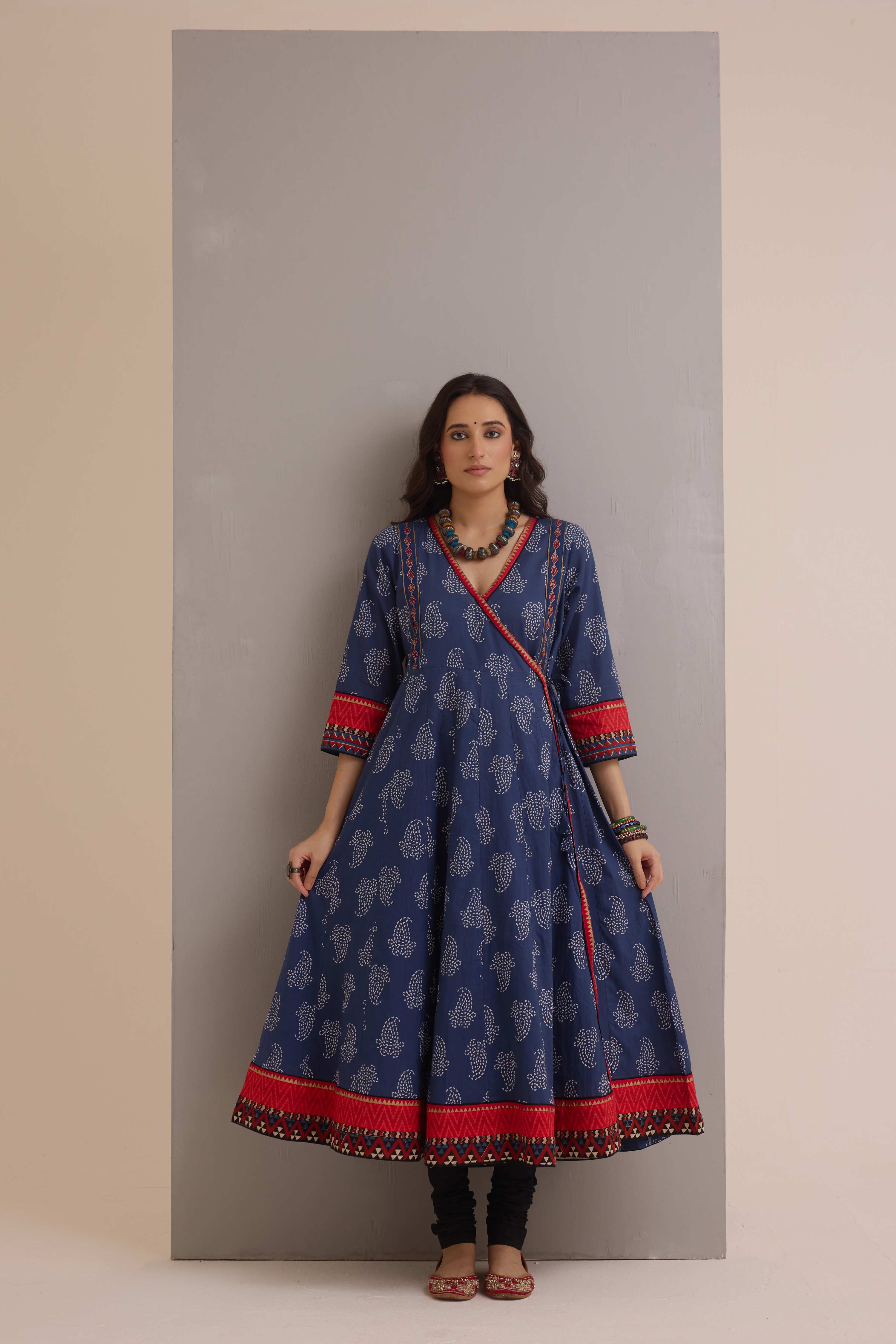 Angrakha Cotton Printed Anarkali Ensemble Blue (Set of 2)