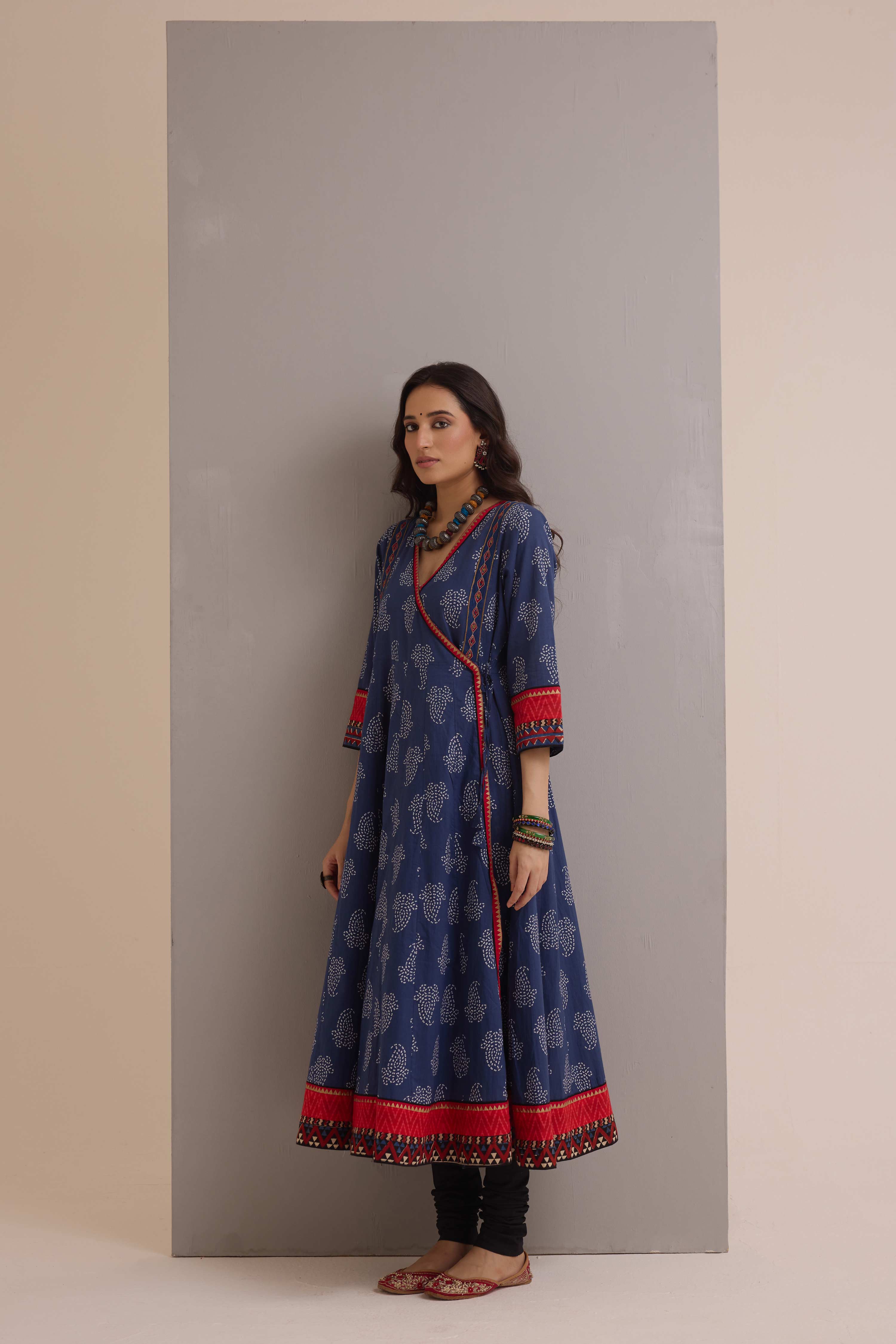 Angrakha Cotton Printed Anarkali Ensemble Blue (Set of 2)