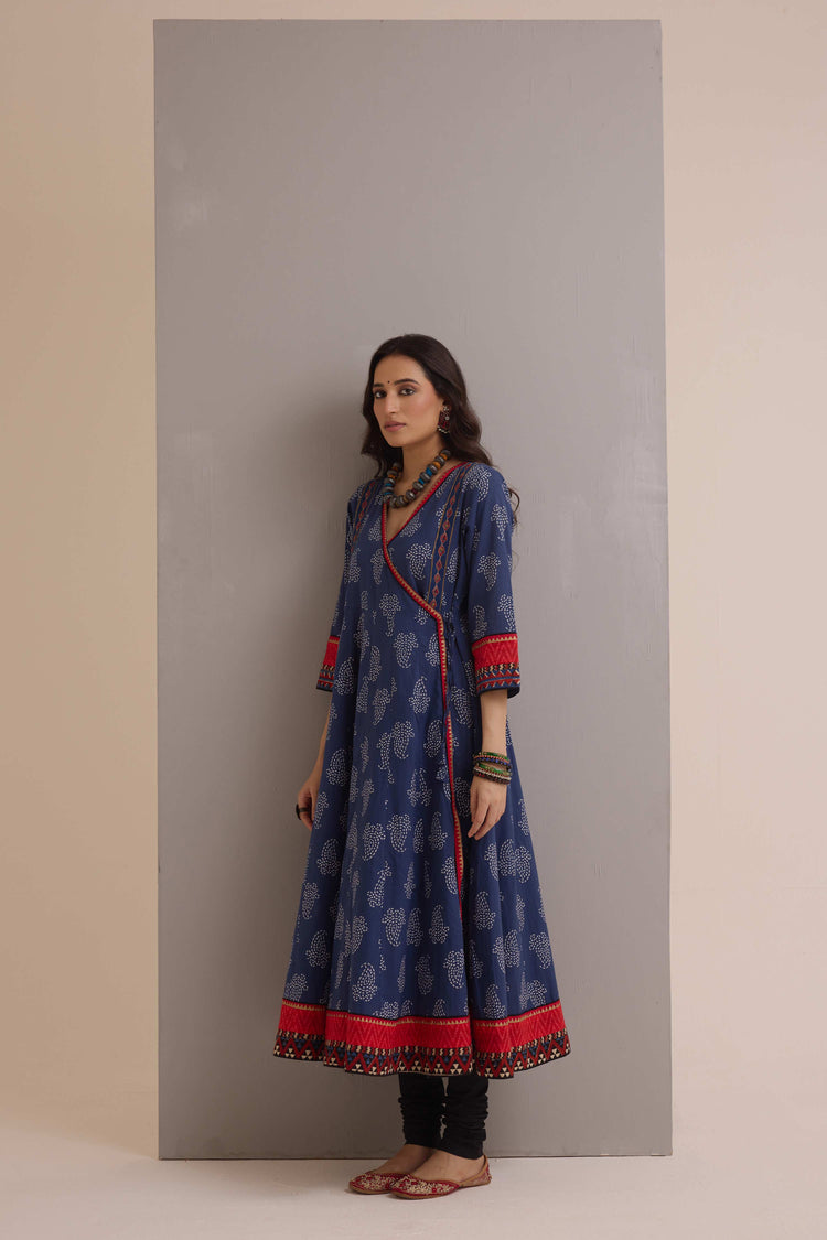 Angrakha Cotton Printed Anarkali Ensemble Blue (Set of 2)