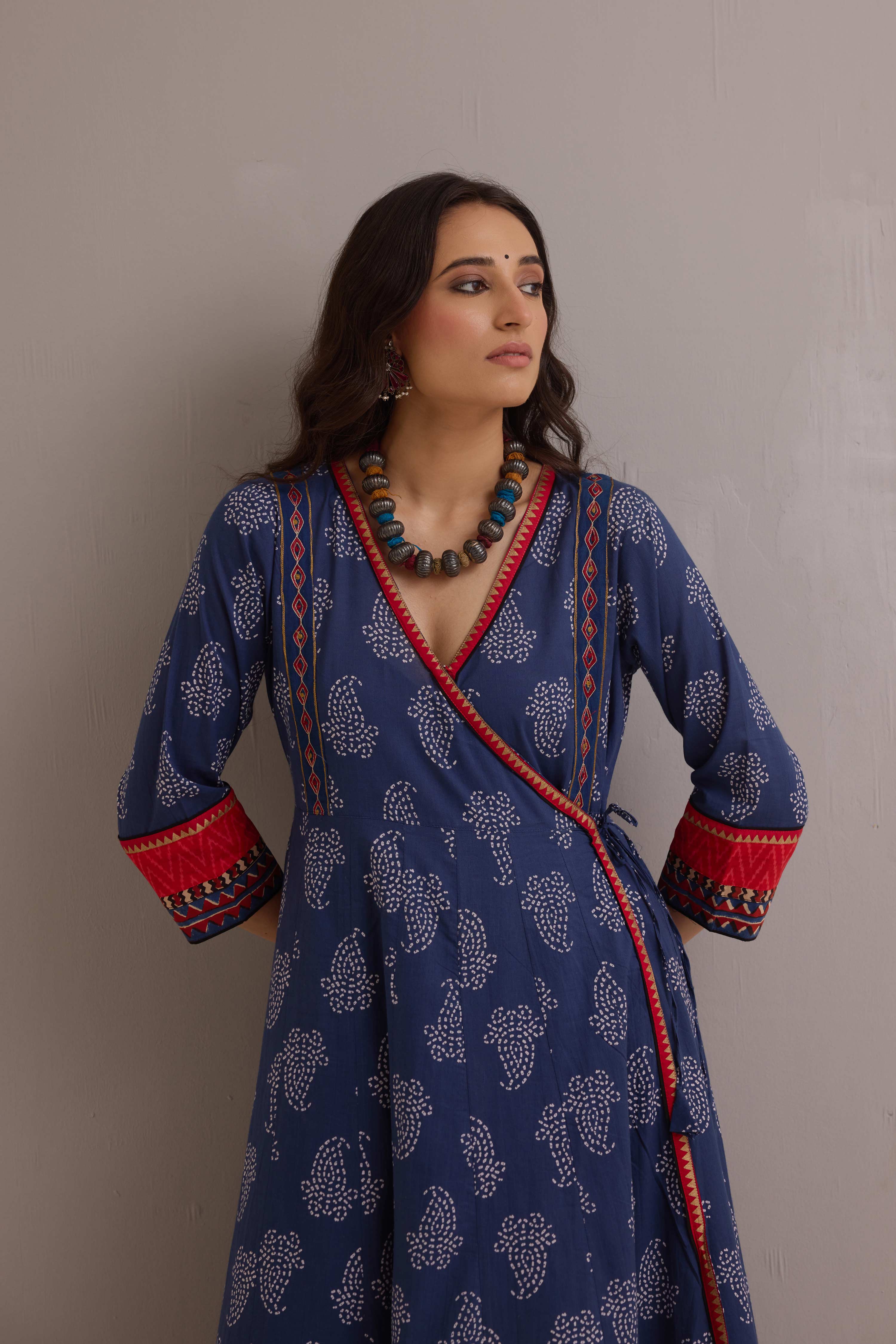 Angrakha Cotton Printed Anarkali Ensemble Blue (Set of 2)