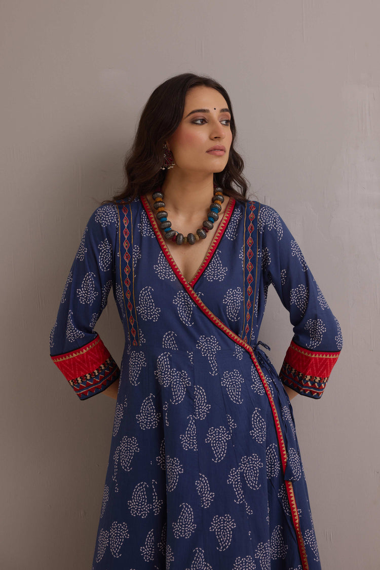 Angrakha Cotton Printed Anarkali Ensemble Blue (Set of 2)