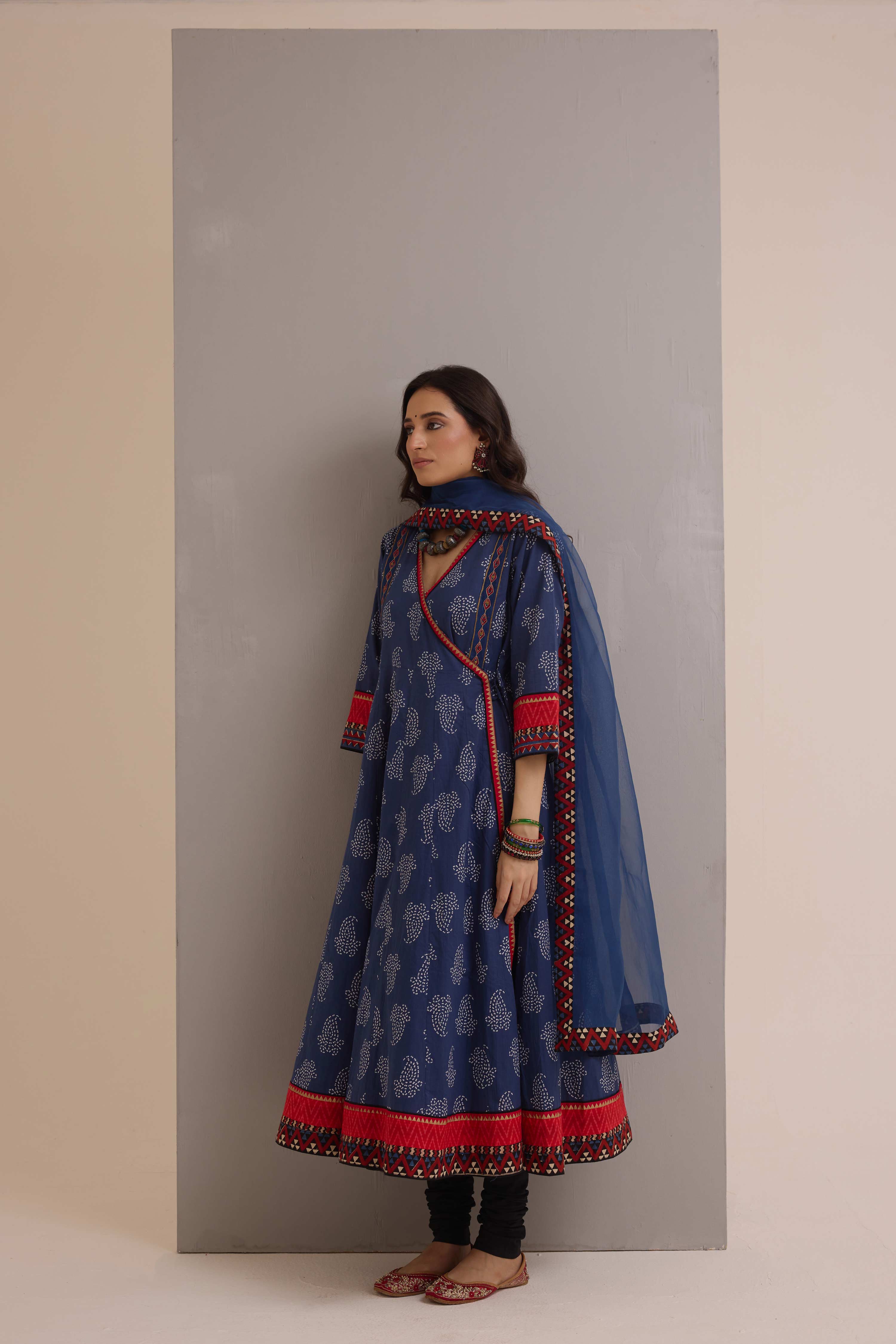 Angrakha Cotton Printed Anarkali Ensemble Blue (Set of 2)