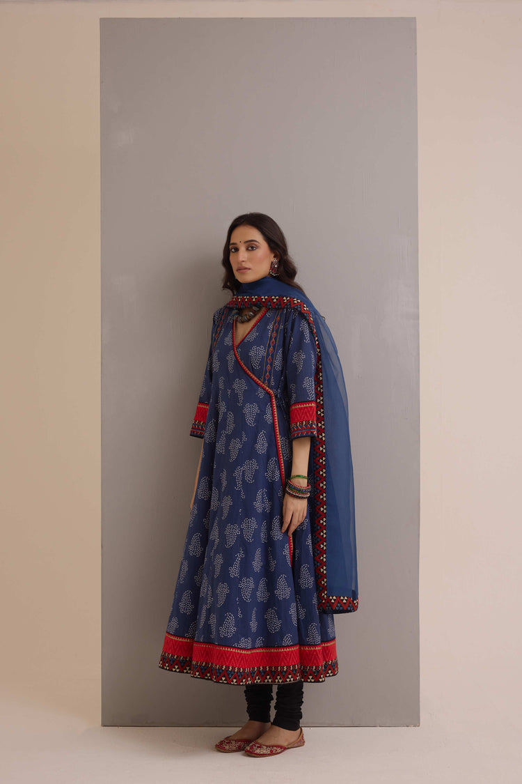 Angrakha Cotton Printed Anarkali Ensemble Blue (Set of 2)