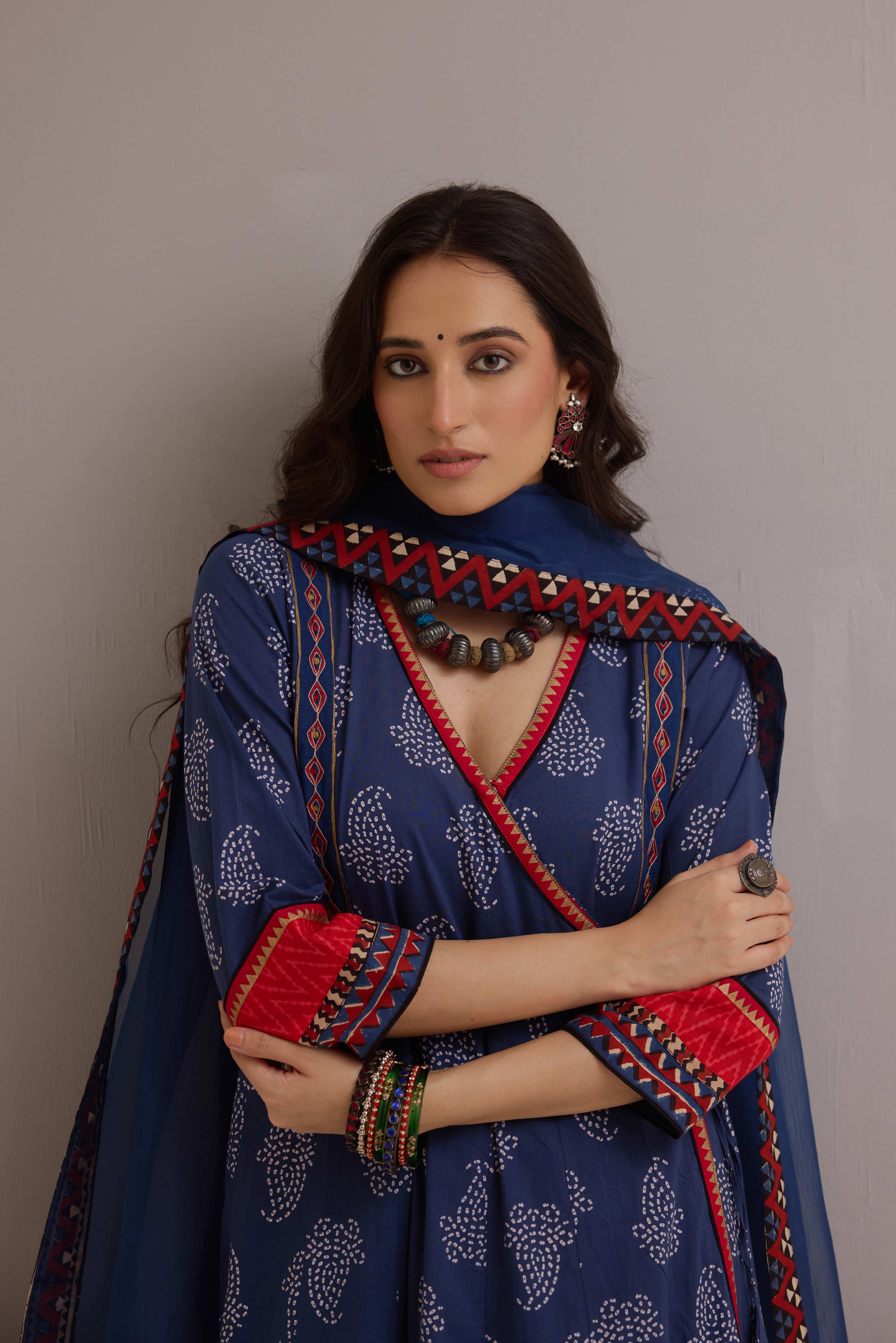 Angrakha Cotton Printed Anarkali Ensemble Blue (Set of 2)