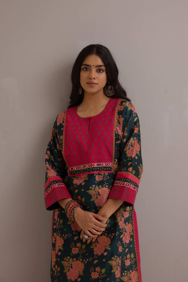 Rozana Chanderi Printed Kurta Forest Green