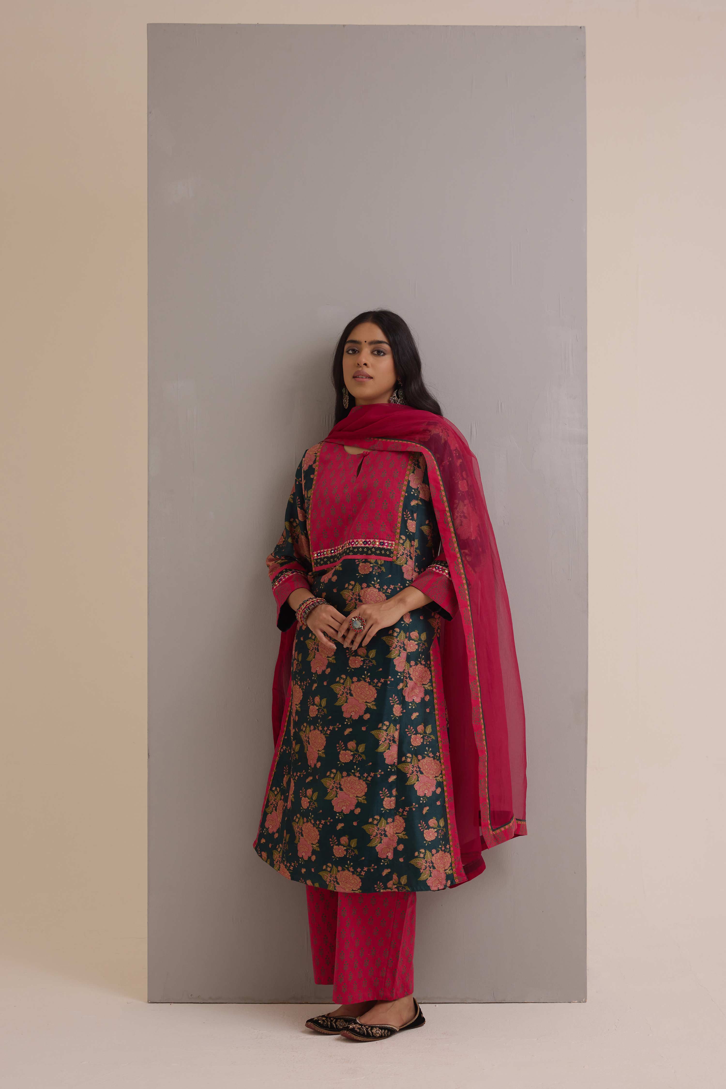 Rozana Chanderi Printed Kurta Forest Green