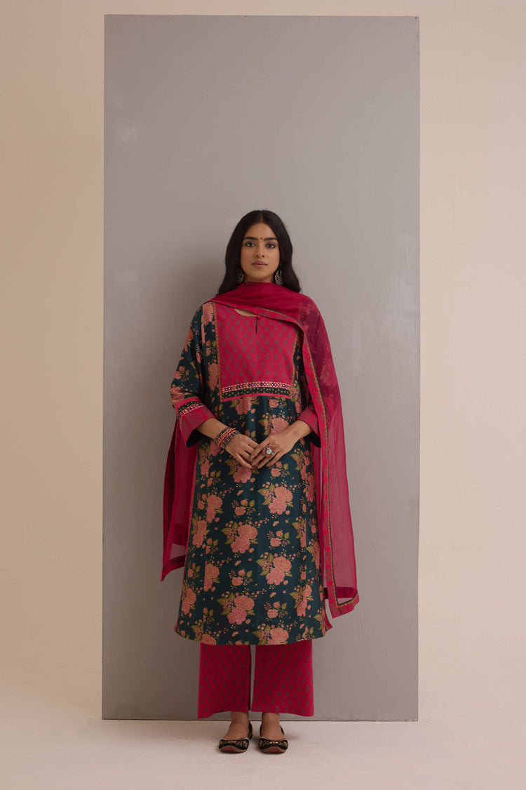 Rozana Chanderi Printed Kurta Forest Green