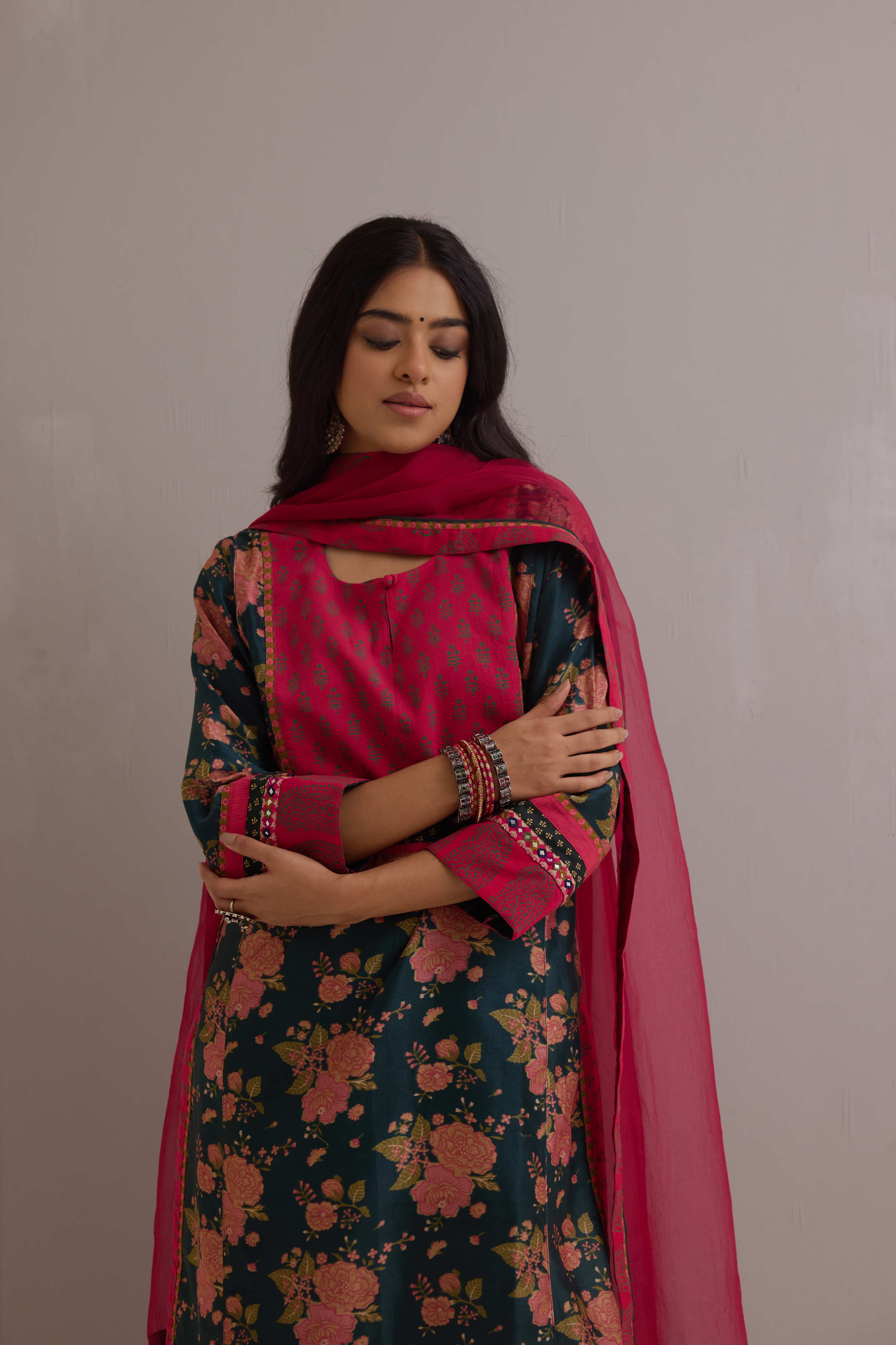 Rozana Chanderi Printed Kurta Forest Green