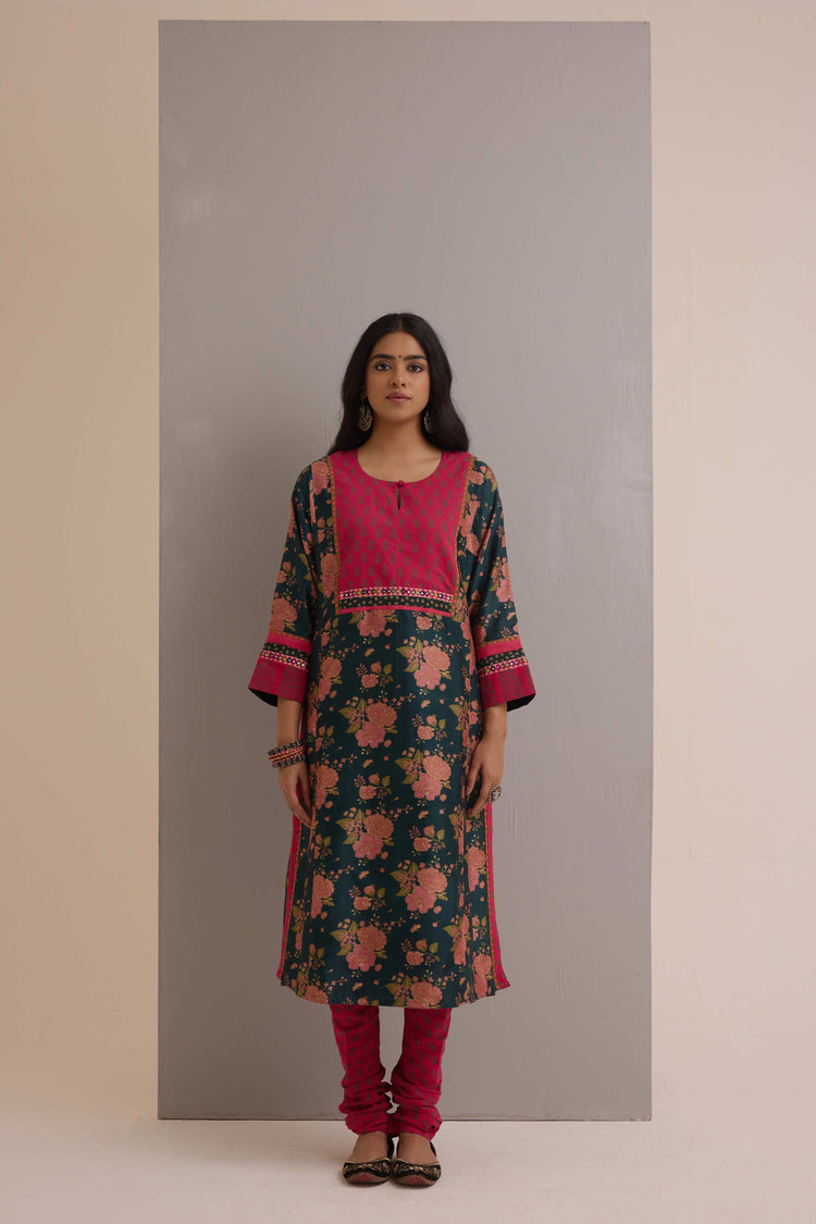 Rozana Chanderi Printed Kurta Forest Green