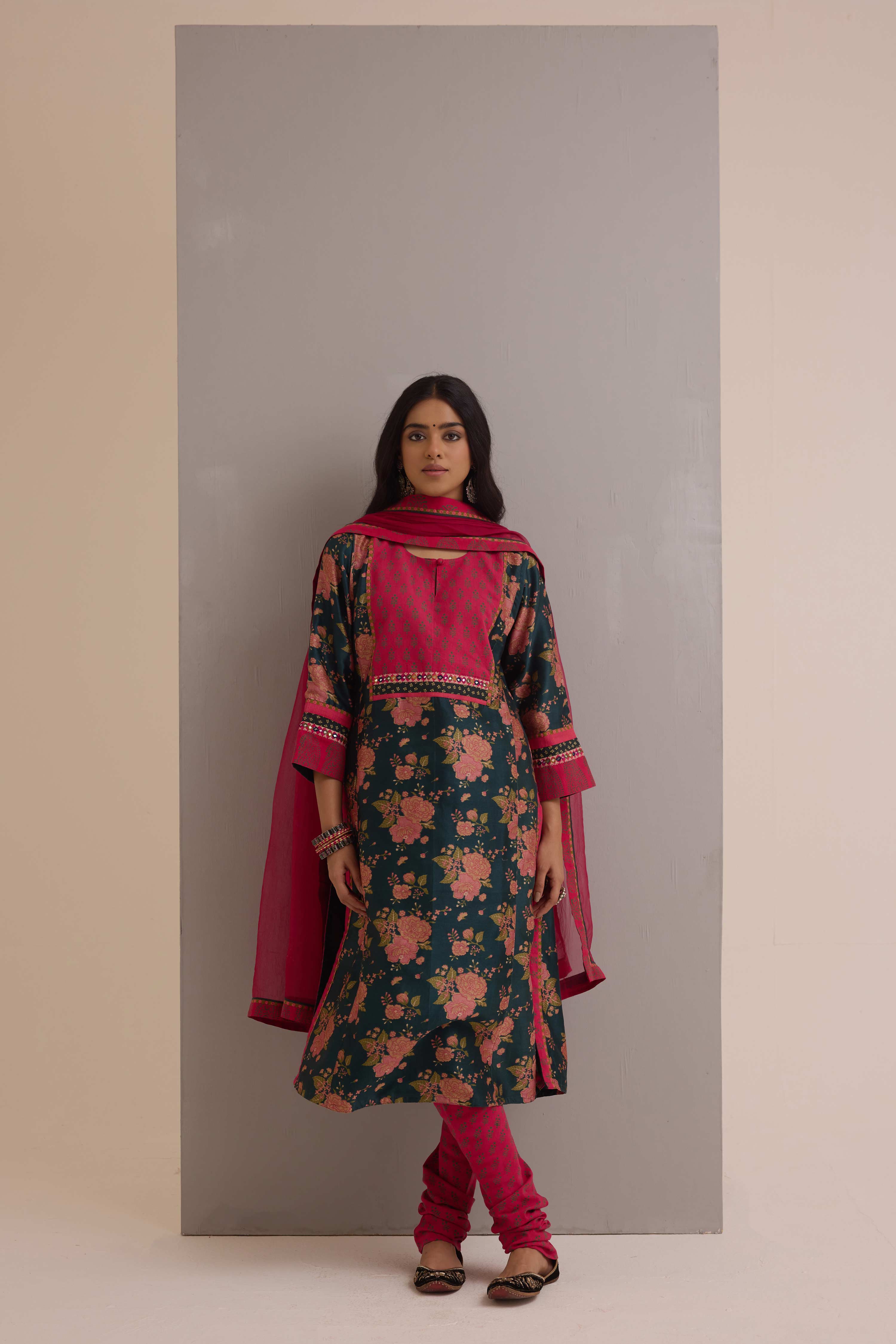 Rozana Chanderi Printed Kurta Forest Green