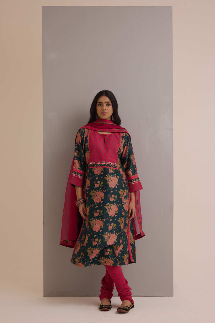 Rozana Chanderi Printed Kurta Forest Green