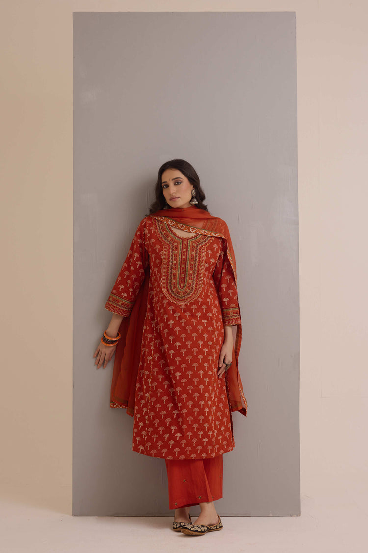 Dienne Embroidered Cotton Hand Block Printed Kurta Rust